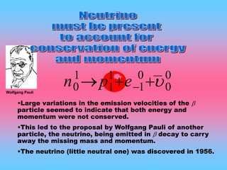 0
0
0
1
1
1
1
0  epn
•Large variations in the emission velocities of the 
particle seemed to indicate that both energy and
momentum were not conserved.
•This led to the proposal by Wolfgang Pauli of another
particle, the neutrino, being emitted in  decay to carry
away the missing mass and momentum.
•The neutrino (little neutral one) was discovered in 1956.
Wolfgang Pauli
__
 