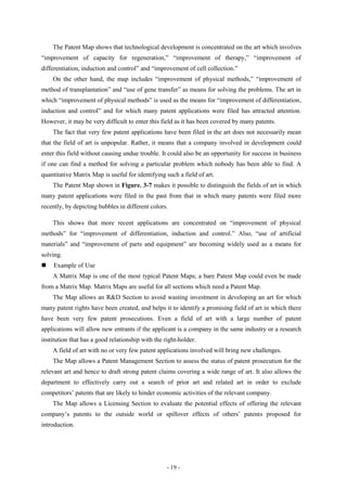 The Patent Map shows that technological development is concentrated on the art which involves
“improvement of capacity for regeneration,” “improvement of therapy,” “improvement of
differentiation, induction and control” and “improvement of cell collection.”
    On the other hand, the map includes “improvement of physical methods,” “improvement of
method of transplantation” and “use of gene transfer” as means for solving the problems. The art in
which “improvement of physical methods” is used as the means for “improvement of differentiation,
induction and control” and for which many patent applications were filed has attracted attention.
However, it may be very difficult to enter this field as it has been covered by many patents.
    The fact that very few patent applications have been filed in the art does not necessarily mean
that the field of art is unpopular. Rather, it means that a company involved in development could
enter this field without causing undue trouble. It could also be an opportunity for success in business
if one can find a method for solving a particular problem which nobody has been able to find. A
quantitative Matrix Map is useful for identifying such a field of art.
    The Patent Map shown in Figure. 3-7 makes it possible to distinguish the fields of art in which
many patent applications were filed in the past from that in which many patents were filed more
recently, by depicting bubbles in different colors.

    This shows that more recent applications are concentrated on “improvement of physical
methods” for “improvement of differentiation, induction and control.” Also, “use of artificial
materials” and “improvement of parts and equipment” are becoming widely used as a means for
solving.
   Example of Use
    A Matrix Map is one of the most typical Patent Maps; a bare Patent Map could even be made
from a Matrix Map. Matrix Maps are useful for all sections which need a Patent Map.
    The Map allows an R&D Section to avoid wasting investment in developing an art for which
many patent rights have been created, and helps it to identify a promising field of art in which there
have been very few patent prosecutions. Even a field of art with a large number of patent
applications will allow new entrants if the applicant is a company in the same industry or a research
institution that has a good relationship with the right-holder.
    A field of art with no or very few patent applications involved will bring new challenges.
    The Map allows a Patent Management Section to assess the status of patent prosecution for the
relevant art and hence to draft strong patent claims covering a wide range of art. It also allows the
department to effectively carry out a search of prior art and related art in order to exclude
competitors’ patents that are likely to hinder economic activities of the relevant company.
    The Map allows a Licensing Section to evaluate the potential effects of offering the relevant
company’s patents to the outside world or spillover effects of others’ patents proposed for
introduction.




                                                   - 19 -
 