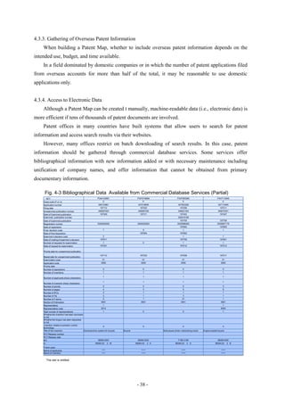 4.3.3. Gathering of Overseas Patent Information
    When building a Patent Map, whether to include overseas patent information depends on the
intended use, budget, and time available.
    In a field dominated by domestic companies or in which the number of patent applications filed
from overseas accounts for more than half of the total, it may be reasonable to use domestic
applications only.


4.3.4. Access to Electronic Data
    Although a Patent Map can be created t manually, machine-readable data (i.e., electronic data) is
more efficient if tens of thousands of patent documents are involved.
    Patent offices in many countries have built systems that allow users to search for patent
information and access search results via their websites.
    However, many offices restrict on batch downloading of search results. In this case, patent
information should be gathered through commercial database services. Some services offer
bibliographical information with new information added or with necessary maintenance including
unification of company names, and offer information that cannot be obtained from primary
documentary information.

     Fig. 4-3 Bibliographical Data Available from Commercial Database Services (Partial)
      KEY                                                    P346103861                       P347018656                   P347063269                              P347113465
    Class code (P or U)                                          P                                P                            P                                       P
    Application number                                        346103861                       347018656                     347063269                              347113465
    Filing date                                                 197112                         197202                        197206                                  197211
    Unexamined publication number                             348067934                       348087536                     349021545                              349070351
    Date of Examined publication                                197309                          197311                       197402                                  197407
    Examined publication number                                                                                             352016189
    Date of Examined publication                                                                                             197705                                  197708
    Registration number                                      0000000000                       0000000000                   0000896265                              0000907179
    Date of registration                                                                                                     197802                                  197805
    Final decision code                                            7                              9                            1                                       1
    Date of final disposition                                                                   197904                       197802
    Examiner’s decision code                                      2                                                            1                                       1
    Date of mailing of examiner’s decision                      197611                                                       197709                                  197801
    Number of requests for examination                             1                              0                            1                                       1
    Date of request for examination                             197201                                                       197212                                  197212

    Priority date for unexamined publication
                                                                197112                          197202                       197206                                  197211
    Based date for unexamined publication
    Examination code                                              01                              01                            01                                     01
    Application code                                             0000                            0000                          0000                                   0000
    Priority date
    Number of oppositions                                          0                              0                              0                                      0
    Number of inventions                                           1                              1                              1                                      1

                                                                   1                              1                              1                                      1
    Number of applicants (Kanji characters)
                                                                   1                              1                              1                                      1
    Number of inventors (Kanji characters)
    Number of priority                                             0                              0                              0                                      0
    Number of pages                                                4                              3                              5                                      8
    Number of IPCs                                                 2                              1                              1                                      1
    Number of FIs                                                  2                              1                              3                                      1
    Number of F-terms                                              5                              1                             21                                     1
    Section of Publication                                       0501                            0501                          0401                                   0501
    Representative                                                 1                                                                                                   1
    Representative code                                          6214                                                                                                 6002
    Total number of representatives                                1                              0                              0                                     1
    Whether the invention has been disclosed
    or not
    Whether the fungus has been deposited
    or not
     invention relates to pollution control
                                                                   0                              0                              0                                      0
    technology
    Title of the invention                   Electrical drive system for bicycle   Bicycle                  Multi power-driven interlocking clutch   Engine-loaded bicycle
    PCT Release number
    PCT Release date
    IPC                                                      B62M 2302                         B62M 2302                   F16D 2106                               B62M 2302
    FI                                                     B62M 23/ 2 M                      B62M 23/ 2 K                B62M 23/ 2 G                            B62M 23/ 2 B
    F-term used
    Name of applicants                                            ****                           *****                         *****                                   *****
    Name of inventors                                             ****                           *****                         *****                                   *****


      The rest is omitted.




                                                                                              - 38 -
 