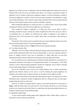 applicants on a filing year basis. As applicants often file multiple applications relating to the relevant
technical field in the same year, you should ensure there is no overlap in counting the number of
applicants. Even if a merger or split-up of an applicant company is involved, information available at
the time the application was filed or when the relevant patent documents were published is usually
used without modification. This is because a patent map is generally built to meet an urgent need and
inclusion of the original corporate name will pose no problems in practice.
    When counting the applicants on a filing year basis, it is useful to keep a record of the number
of applications filed by each of the relevant applicants on a yearly basis.
    After counting the number of applicants on a filing year basis, you are ready to build a
technology maturation map by counting the number of applications filed in the same year. There is
no established rule as to whether you should plot the number of applicants or the number of
applications filed on the horizontal axis; analysts follow their own preference when drawing a
maturity map.
    Presentation of the analysis results in graph form does not require dedicated software and can be
done by using the graph function of common spreadsheet software.
    The Maturation Map as shown in Figure. 3-12 was built using this procedure.
(4) Twin Peaks Analysis Map
    Although a Time-series Map or Maturity Map built using the entire parent population shows the
trends of patent applications filed in the relevant technical field, it is not easy to grasp the details of
factors or changes involved. Users may be dissatisfied if a Patent Map does not meet their
expectations because it shows trends based on information other than patent information.
    Any issue pointed out by analyzing patent information should preferably be accounted for by
using patent information with respect to its background and details. For this purpose, a Twin Peaks
Analysis is used in which the parent population is broken into subgroups, each of which is analyzed
for any trend to grasp changes of technology (or applicant).
    Any of the information items stored in the working database such as patent classification,
applicant and technical element can be used as a tool for breaking the parent population into
subgroups. New aspects such as material, function, use and others may be added as needed.
    A preliminary Patent Map can be produced by specifying the aspects to be analyzed out of these
information items, counting the number of applications filed on a filing year basis for each aspect,
and presenting the trends as a time series.
    However, an effective twin-peaks analysis requires a map which clearly shows a time lag as in
Figure. 3-10 and clearly shows any shift involved. If the resulting map shows an ever-increasing
trend for every element involved and if there is no significant time lag among multiple elements, you
should try another analysis using a different aspect.
(5) Quantitative Matrix Map
    To more clearly identify notable patents and/or applications filed, a Matrix Map is useful as it
presents the results of analysis quantitatively.



                                                   - 45 -
 