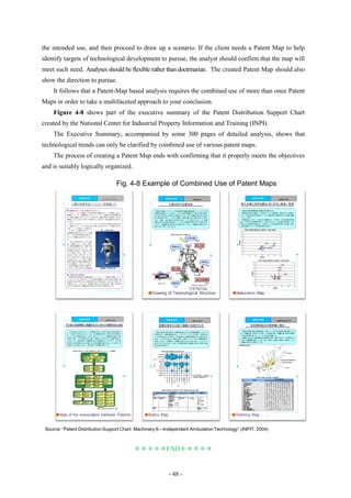 the intended use, and then proceed to draw up a scenario. If the client needs a Patent Map to help
identify targets of technological development to pursue, the analyst should confirm that the map will
meet such need. Analyses should be flexible rather than doctrinarian. The created Patent Map should also
show the direction to pursue.
    It follows that a Patent-Map based analysis requires the combined use of more than onee Patent
Maps in order to take a multifaceted approach to your conclusion.
    Figure 4-8 shows part of the executive summary of the Patent Distribution Support Chart
created by the National Center for Industrial Property Information and Training (INPI).
    The Executive Summary, accompanied by some 300 pages of detailed analysis, shows that
technological trends can only be clarified by combined use of various patent maps.
    The process of creating a Patent Map ends with confirming that it properly meets the objectives
and is suitably logically organized.

                                    Fig. 4-8 Example of Combined Use of Patent Maps




                                                 ■Drawing of Technological Structure    ■Maturation Map




     ■Map of the Association between Patents    ■Matrix Map                            ■Ranking Map


 Source: ―Patent Distribution Support Chart: Machinery 6—Independent Ambulation Technology‖ (INPIT, 2004)



                                               ＊＊＊＊＊END＊＊＊＊＊


                                                              - 48 -
 