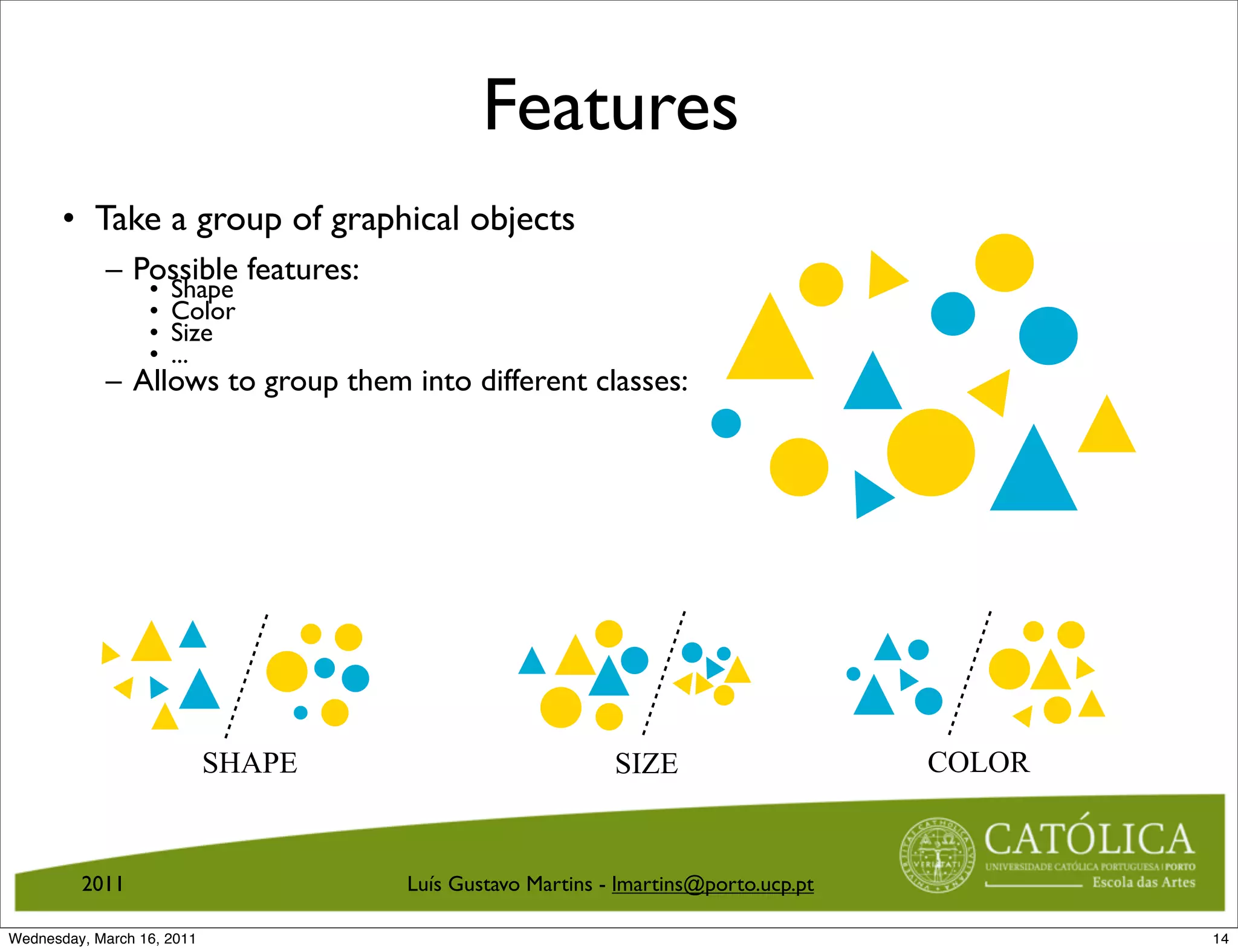 Features
       • Take a group of graphical objects
            – Possible features:
                  •   Shape
                  •   Color
                  •   Size
                  •   ...
            – Allows to group them into different classes:




                            SHAPE                         SIZE                     COLOR


         2011                       Luís Gustavo Martins - lmartins@porto.ucp.pt

Wednesday, March 16, 2011                                                                  14
 