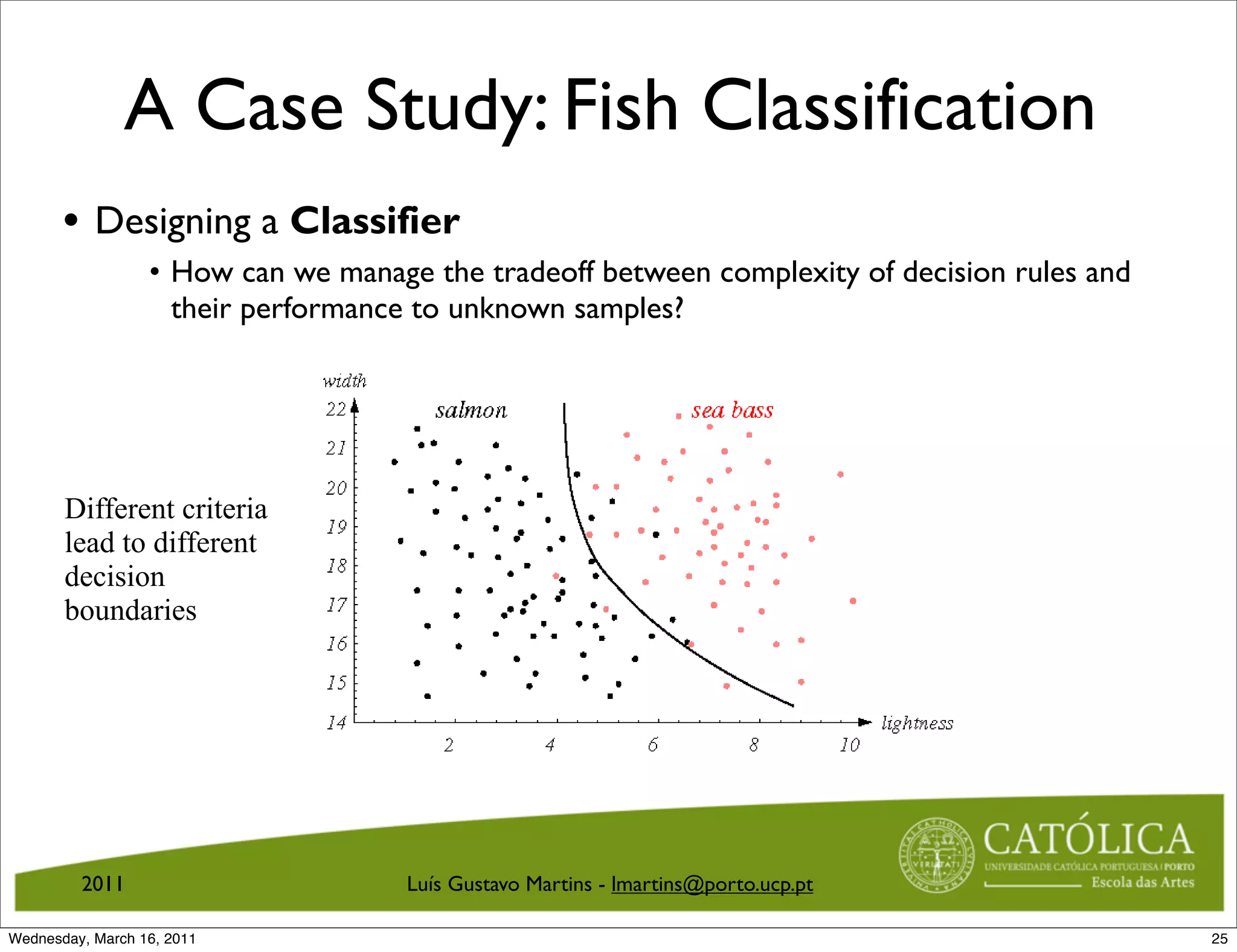 A Case Study: Fish Classification
          An Example: Decision Boundaries
       • Designing a Classifier
                •   How can we manage the tradeoff betweenbetween complexityrules and
                     How can we manage the tradeoff complexity of decision of
                     their performance to unknown samples?
                     decision rules and their performance to unknown samples?




       Different criteria
       lead to different
       decision
       boundaries




                        Figure 17: Different criteria lead to different decision boundaries.

         2011
         CS 551, Spring 2011
                                         Luís 2011, Selim Aksoylmartins@porto.ucp.pt
                                              Gustavo Martins - (Bilkent University)
                                              c                                         28 / 40

Wednesday, March 16, 2011                                                                         25
 