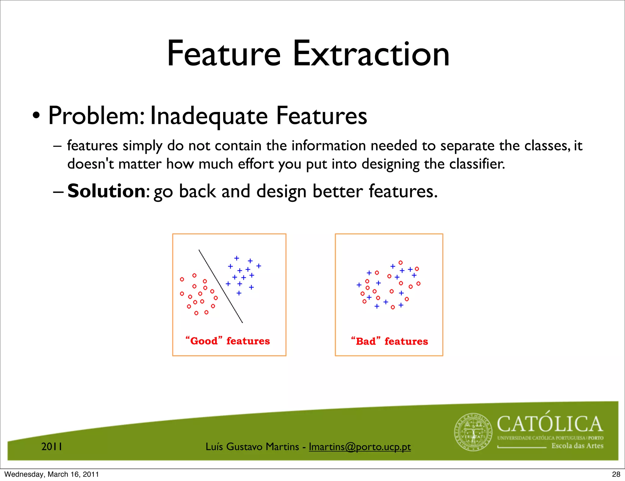 Feature Extraction
       • Problem: Inadequate Features
            – features simply do not contain the information needed to separate the classes, it
              doesn't matter how much effort you put into designing the classifier.
            – Solution: go back and design better features.




                                 Good features                     Bad features




         2011                      Luís Gustavo Martins - lmartins@porto.ucp.pt

Wednesday, March 16, 2011                                                                         28
 