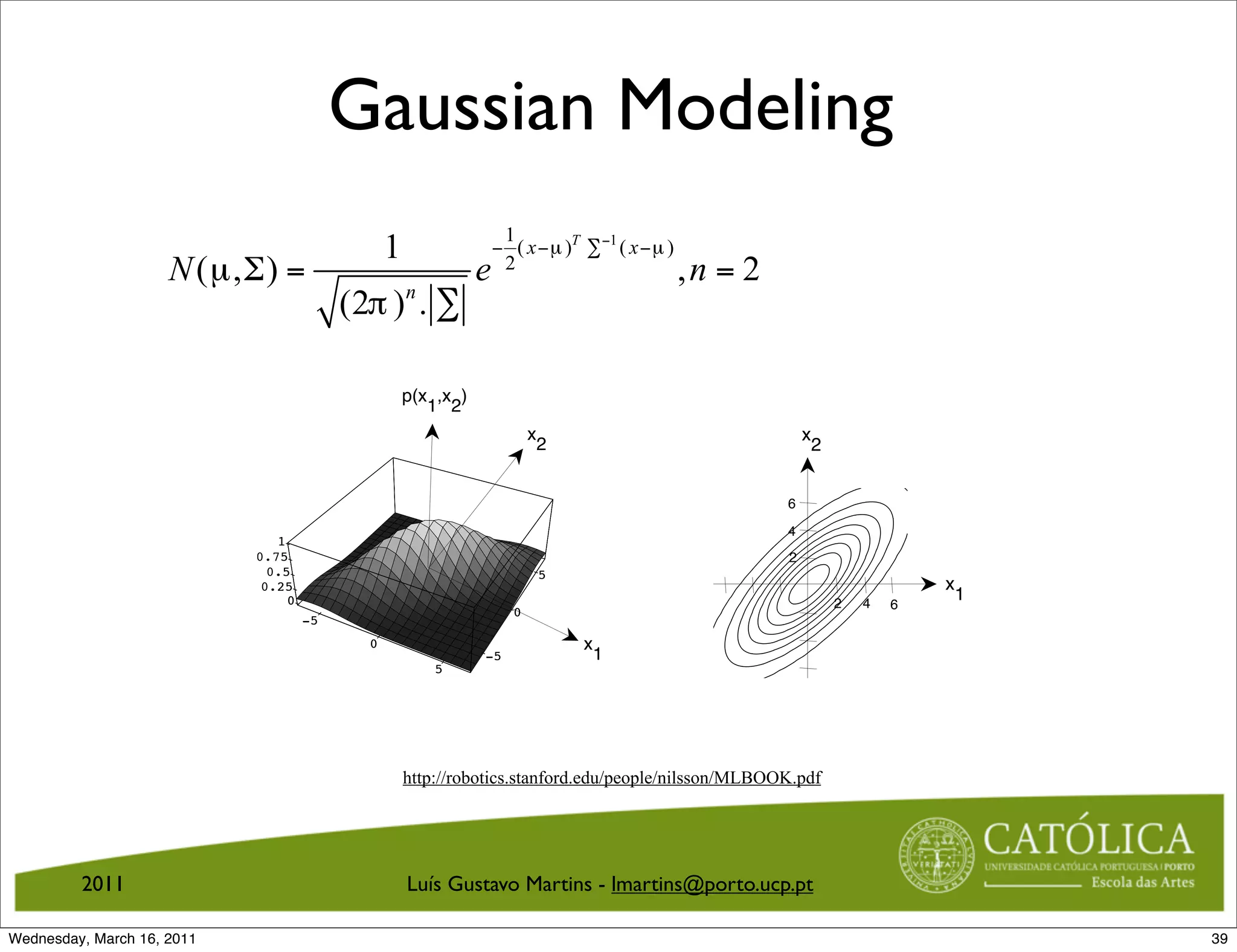 Gaussian Modeling
                                                                                                                                  p(x ,x )
                                                                                                                                     1 2
                                                                                                                                                            x
                                                                                                                                                             2




                                                                                                     1
                                                                                                 0.75
                                                                                                    75
                                                                                                   0.5
                                                                                                    .5                                                       5
                                                                                                  0.25
                                                                                                     25
                                                                                                       0
                                                                                                                                                        0
 66                                                CHAPTER 5. STATISTICAL LEARNING
                                                                       -5
                                                                                                                         0                                            x
                                                                                                                                                   -5                  1
                                                                                                                                           5


                                                    p(x ,x )
                                                       1 2
                                                                         x                                                             x
                                                                          2                                                             2

                                                                                                                6                  6
                                                                                                               4                   4
                                1
                            0.75
                               75                                                                               2                  2
                              0.5
                               .5                                            5
                             0.25
                                25                                                                             0                                                 x
                                  0                                                                                                            2   4    6
                                                                                                                                                                  1
                                                                     0                                         -2
                                      -5
                                                                                                               -4
                                               0                                         x
                                                                -5                           1
                                                        5                                                      -6

                                                                                                                    -6   -4   -2       0       2   4    6




                                                       x
                                                         2
                                                    http://robotics.stanford.edu/people/nilsson/MLBOOK.pdf
                                                                     Figure 5.1: The Two-Dimensional Gaussian Distribution
                                           6        6
                                           4        4
                                           2       Decide category 1 iﬀ:
                                                    2
         2011                                       Luís Gustavo Martins - lmartins@porto.ucp.pt
                                           0                                     x
                                                            2   4    6
                                                                                     1
                                       -2                                                                  1                      −1/2(X−M2 )t Σ2 (X−M2 )
                                                                                                                                                             −1
Wednesday, March 16, 2011                                                                                                     e                                            39
 