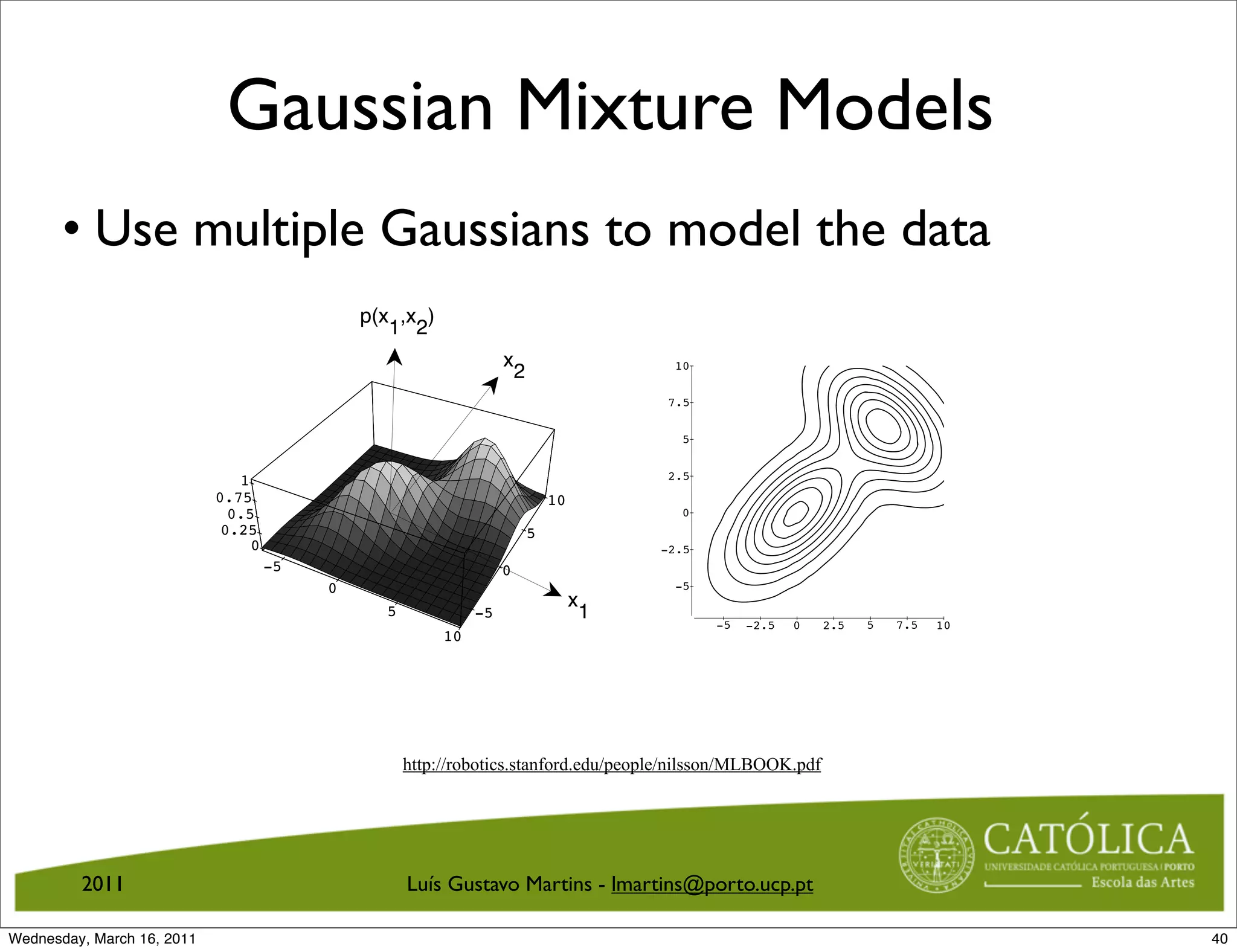 x
                                                                                                                                                     2




                             Gaussian Mixture Models                                      0.75
                                                                                              1
                                                                                             75
                                                                                            0.5
                                                                                             .5
                                                                                                                                                             10
                                                                                           0.25
                                                                                              25                                                         5
                                                                                                0


       • Use multiple Gaussians to model the data
1. USING STATISTICAL DECISION THEORY                                                                                         67
                                                                                                    -5                                           0
                                                                                                               0
                                                                                                                                                                  x
                                                                                                                         5                  -5                        1
                                                                                                                                      10
                                               p(x ,x )
                                                  1 2
                                                                    x                           10
                                                                        2
                                                                                               7.5

                                                                                                    5


                                1                                                              2.5
                            0.75
                               75                                               10
                              0.5
                               .5                                                                   0
                             0.25
                                25                                          5
                                  0                                                          -2.5
                                      -5                            0
                                           0                                                    -5
                                                                                     x
                                                 5             -5                     1
                                                                                                         -5   -2.5   0   2.5      5        7.5   10
                                                          10



                                  10                                            Figure 5.2: The Sum of Two Gaussian Distributions
                                 7.5
                                                     http://robotics.stanford.edu/people/nilsson/MLBOOK.pdf
                                      5


                                 2.5


                                      0         Decide category 1 iﬀ:
         2011                  -2.5                  Luís Gustavo Martins - lmartins@porto.ucp.pt

Wednesday, March 16, 2011
                                  -5
                                                                    (X − M1 )t Σ−1 (X − M1 )  (X − M2 )t Σ−1 (X − M2 ) + B
                                                                                1                          2                                                              40
 