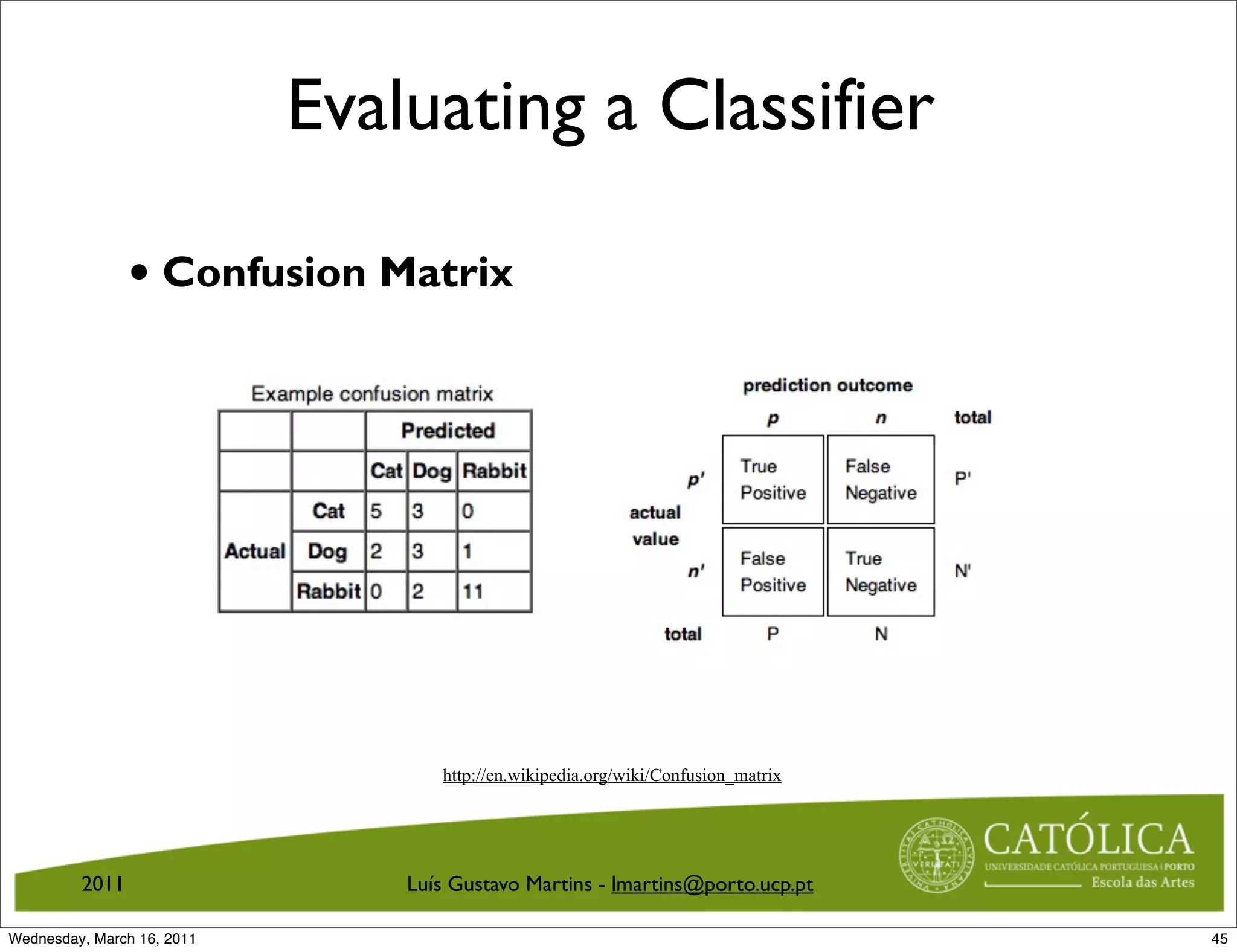 Evaluating a Classifier

                • Confusion Matrix




                                   http://en.wikipedia.org/wiki/Confusion_matrix




         2011                   Luís Gustavo Martins - lmartins@porto.ucp.pt

Wednesday, March 16, 2011                                                          45
 