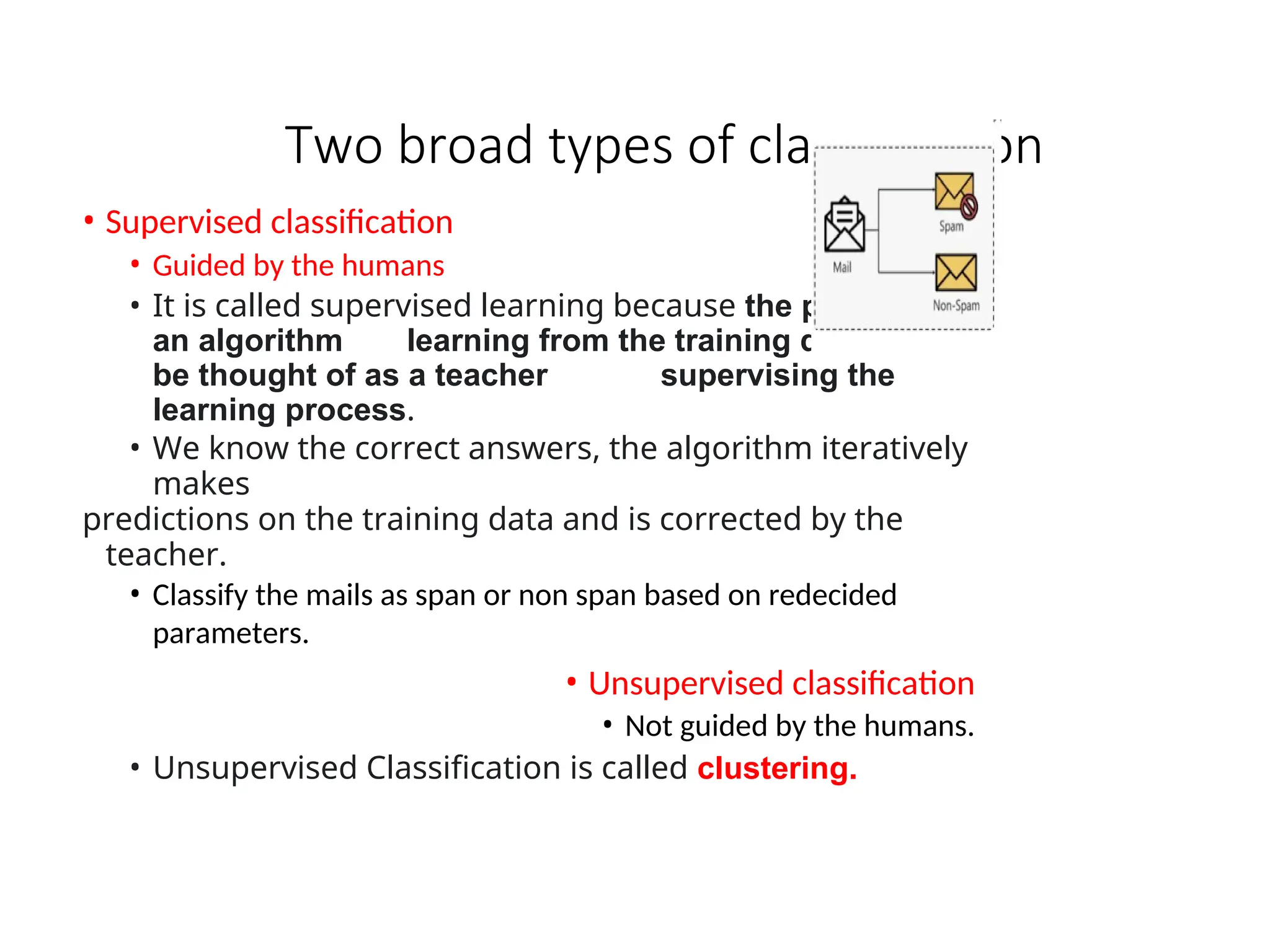 Two broad types of classification
• Supervised classification
• Guided by the humans
• It is called supervised learning because the process of
an algorithm learning from the training dataset can
be thought of as a teacher supervising the
learning process.
• We know the correct answers, the algorithm iteratively
makes
predictions on the training data and is corrected by the
teacher.
• Classify the mails as span or non span based on redecided
parameters.
• Unsupervised classification
• Not guided by the humans.
• Unsupervised Classification is called clustering.
 