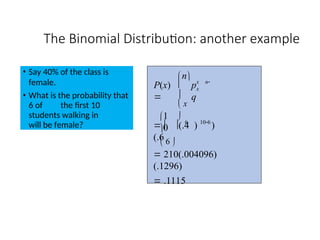 • Say 40% of the class is
female.
• What is the probability that
6 of the first 10
students walking in
will be female?
The Binomial Distribution: another example
)
1
0
6
 210(.004096)
(.1296)
 .1115
 6 


  (.4 )
(.6


106
x n
x
p
q


 x

n
P(x)

 