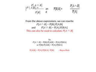 an
d
From the above expressions, we can rewrite
P[A  B] = P[B].P[A|B]
and P[A  B] = P[A].P[B|A]
This can also be used to calculate P[A  B]
So
P[A  B] = P[B].P[A|B] = P[A].P[B|A]
or P[B].P[A|B] = P[A].P[B|A]
P[A|B] = P[A].P[B|A] / P[B] - Bayes Rule
PB
P A  B
P  A B 
 