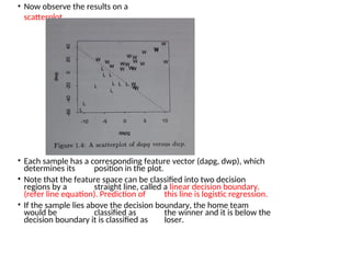 • Now observe the results on a
scatterplot
• Each sample has a corresponding feature vector (dapg, dwp), which
determines its position in the plot.
• Note that the feature space can be classified into two decision
regions by a straight line, called a linear decision boundary.
(refer line equation). Prediction of this line is logistic regression.
• If the sample lies above the decision boundary, the home team
would be classified as the winner and it is below the
decision boundary it is classified as loser.
 