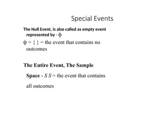 Special Events
The Null Event, is also called as empty event
represented by - 
 = { } = the event that contains no
outcomes
The Entire Event, The Sample
Space - S S = the event that contains
all outcomes
 