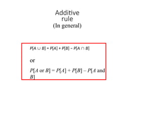 Additive
rule
(In general)
P[A  B] = P[A] + P[B] – P[A  B]
or
P[A or B] = P[A] + P[B] – P[A and
B]
 