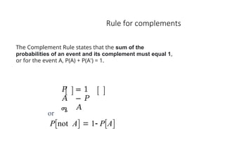 Rule for complements
𝑃
𝐴
ሜ
= 1
− 𝑃
𝐴
or
Pnot A  1 PA
The Complement Rule states that the sum of the
probabilities of an event and its complement must equal 1,
or for the event A, P(A) + P(A') = 1.
 