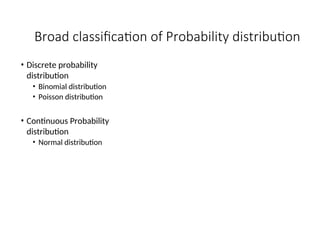 Broad classification of Probability distribution
• Discrete probability
distribution
• Binomial distribution
• Poisson distribution
• Continuous Probability
distribution
• Normal distribution
 