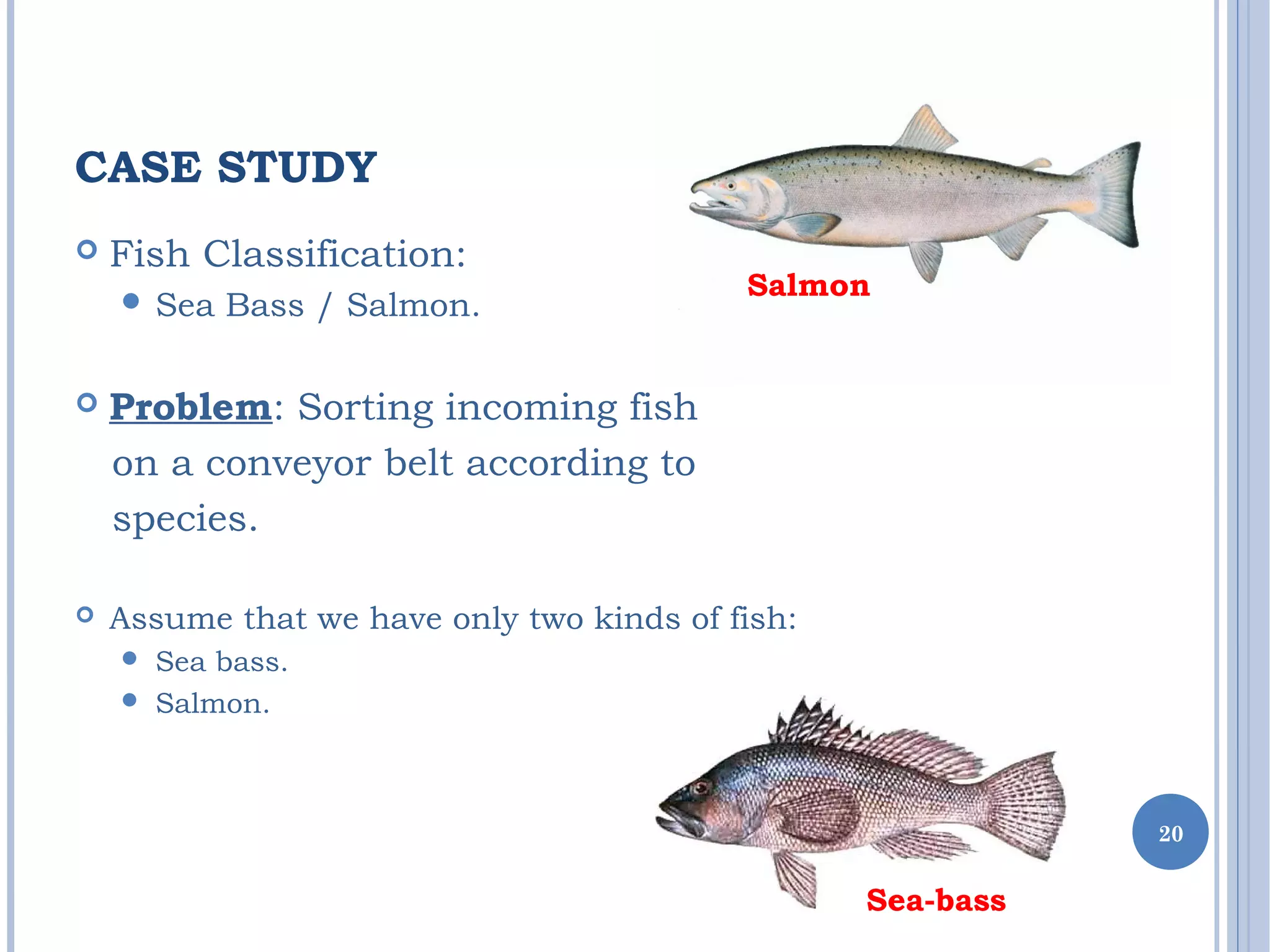 CASE STUDY
 Fish Classification:
 Sea Bass / Salmon.
 Problem: Sorting incoming fish
on a conveyor belt according to
species.
 Assume that we have only two kinds of fish:
 Sea bass.
 Salmon.
20
Salmon
Sea-bass
 