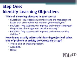 Step One:
Identify Learning Objectives
Think of a learning objective in your course:
▫ CONTENT: “My students will understand the management
issues that occur when you monitor your employees.”
▫ PROCESS: “My students will improve their understanding of
the process of management decision-making.”
▫ PROCESS: “My students will improve their memo-writing
abilities.”
How do you usually address this learning objective? What
kind of problem or activity do you usually assign?
▫ Typical end-of-chapter problem?
▫ A reading?
▫ Other?
 