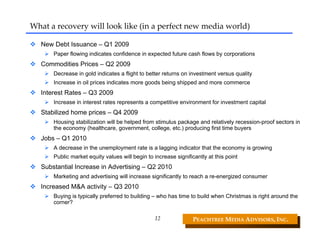 What a recovery will look like (in a perfect new media world)

   New Debt Issuance – Q1 2009
       Paper flowing indicates confidence in expected future cash flows by corporations
   Commodities Prices – Q2 2009
       Decrease in gold indicates a flight to better returns on investment versus quality
       Increase in oil prices indicates more goods being shipped and more commerce
   Interest Rates – Q3 2009
       Increase in interest rates represents a competitive environment for investment capital
   Stabilized home prices – Q4 2009
       Housing stabilization will be helped from stimulus package and relatively recession-proof sectors in
       the economy (healthcare, government, college, etc.) producing first time buyers
   Jobs – Q1 2010
       A decrease in the unemployment rate is a lagging indicator that the economy is growing
       Public market equity values will begin to increase significantly at this point
   Substantial Increase in Advertising – Q2 2010
       Marketing and advertising will increase significantly to reach a re-energized consumer
   Increased M&A activity – Q3 2010
       Buying is typically preferred to building – who has time to build when Christmas is right around the
       corner?

                                                 12               PEACHTREE MEDIA ADVISORS, INC. 
 