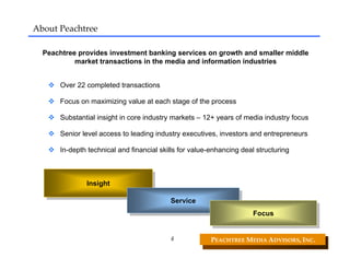 About Peachtree

  Peachtree provides investment banking services on growth and smaller middle
           market transactions in the media and information industries


      Over 22 completed transactions

      Focus on maximizing value at each stage of the process

      Substantial insight in core industry markets – 12+ years of media industry focus

      Senior level access to leading industry executives, investors and entrepreneurs

      In-depth technical and financial skills for value-enhancing deal structuring



              Insight
               Insight

                                          Service
                                           Service
                                                                      Focus
                                                                       Focus


                                          4             PEACHTREE MEDIA ADVISORS, INC. 
 