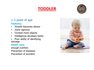 TODDLER
1‐3 years of age
Features:
• Growth becomes slower
• more vigorous
• Contact more objects
• Intelligence develops faster
• Poor ability of identifying
damage
Health care:
enough nutrition
Prevention of diseases
Prevention of accident
 