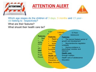 Which age stages do the children of 5 days, 5 months and 15 year-
old belong to respectively?
What are their features?
What should their health care be?
ATTENTION ALERT
5 Days
Neonate
Features:
• Beginning independent living
• The physiological regulation
ability and adaptation to
circumstances are very poor.
• The morbidity and mortality
are very high
Healthcare:
Enough nutrition
Proper nursing care
Prevention of diseases
5 Months
Infant
Features:
• Rapid growth period
• Fastest brain growth
• Nutrition and energy
requirement are more
• Digestion and absorption
functions are poor
• Passive immunity gradually
drops
Health care:
Enough nutrition
Prevention of diseases
Basic immunity
15 Years
Adolescent
Features:
• The second fastest period of
growth and development
• Neuroendocrine regulation
unsteady
• Having problems in
psychology, emotion and
behavior
Health care:
Enough nutrition
Health care of adolescence
Education
 