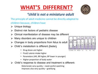 WHAT’S DIFFERENT?
“child is not a miniature adult”
The principle of adult medicine cannot be directly adapted to
children because, children have
 Unique biology
 Distinct risk factors of pediatric disease
 Clinical manifestation of disease may be different
 Many disorders are unique to children
 Changes in body proportions from fetus to adult
 Child’s metabolism is different (faster)
• Drug doses are higher
• Fluid/ calorie intake higher
• Parameters (HR, RR higher, BP lower in younger)
• Higher proportion of body water
 Child’s response to disease and treatment is different:
Deteriorate very quickly – need careful watching
Improves also very quickly – gratifying
 