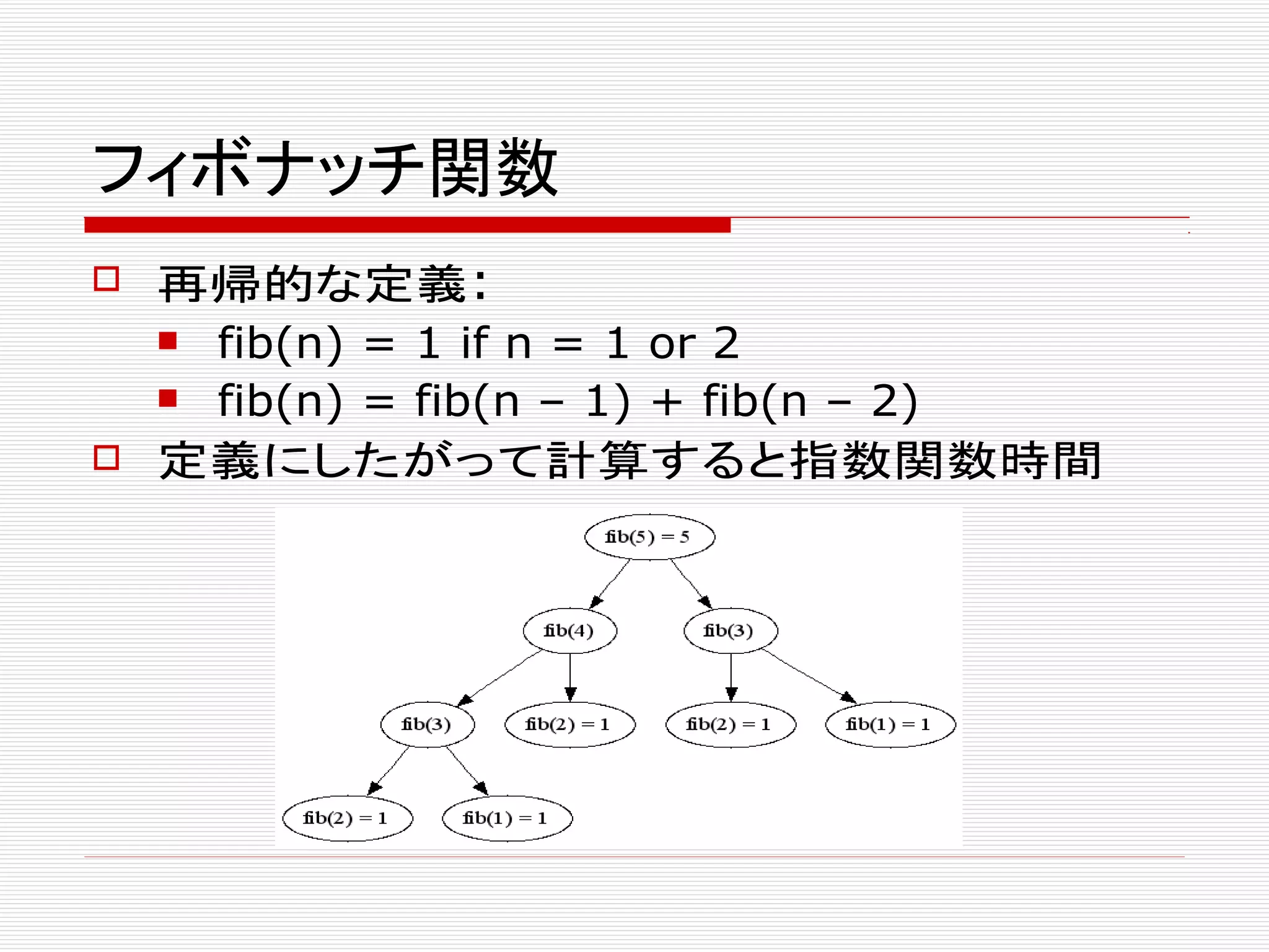 フィボナッチ関数
 再帰的な定義:
 fib(n) = 1 if n = 1 or 2
 fib(n) = fib(n – 1) + fib(n – 2)
 定義にしたがって計算すると指数関数時間
 