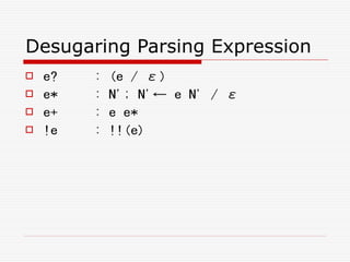 Desugaring Parsing Expression
 e? : (e / ε)
 e* : N'; N'← e N' / ε
 e+ : e e*
 !e : !!(e)
 
