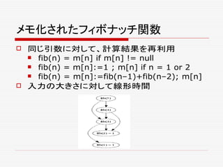 メモ化されたフィボナッチ関数
 同じ引数に対して、計算結果を再利用
 fib(n) = m[n] if m[n] != null
 fib(n) = m[n]:=1 ; m[n] if n = 1 or 2
 fib(n) = m[n]:=fib(n–1)+fib(n–2); m[n]
 入力の大きさに対して線形時間
 