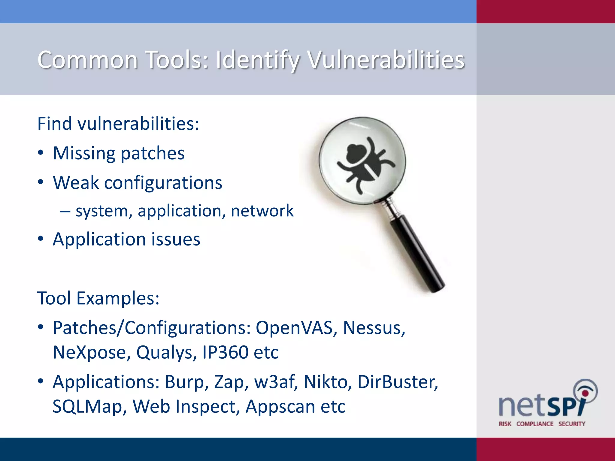 Common Tools: Identify Vulnerabilities
Find vulnerabilities:
• Missing patches
• Weak configurations
‒ system, application, network

• Application issues
Tool Examples:
• Patches/Configurations: OpenVAS, Nessus,
NeXpose, Qualys, IP360 etc
• Applications: Burp, Zap, w3af, Nikto, DirBuster,
SQLMap, Web Inspect, Appscan etc

 