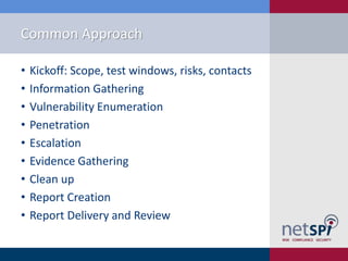 Common Approach
•
•
•
•
•
•
•
•
•

Kickoff: Scope, test windows, risks, contacts
Information Gathering
Vulnerability Enumeration
Penetration
Escalation
Evidence Gathering
Clean up
Report Creation
Report Delivery and Review

 