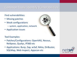 Common Tools: Identify Vulnerabilities
Find vulnerabilities:
• Missing patches
• Weak configurations
‒ system, application, network

• Application issues
Tool Examples:
• Patches/Configurations: OpenVAS, Nessus,
NeXpose, Qualys, IP360 etc
• Applications: Burp, Zap, w3af, Nikto, DirBuster,
SQLMap, Web Inspect, Appscan etc

 