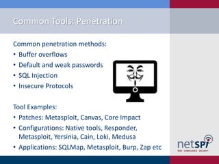 Common Tools: Penetration
Common penetration methods:
• Buffer overflows
• Default and weak passwords
• SQL Injection
• Insecure Protocols
Tool Examples:
• Patches: Metasploit, Canvas, Core Impact
• Configurations: Native tools, Responder,
Metasploit, Yersinia, Cain, Loki, Medusa
• Applications: SQLMap, Metasploit, Burp, Zap etc

 