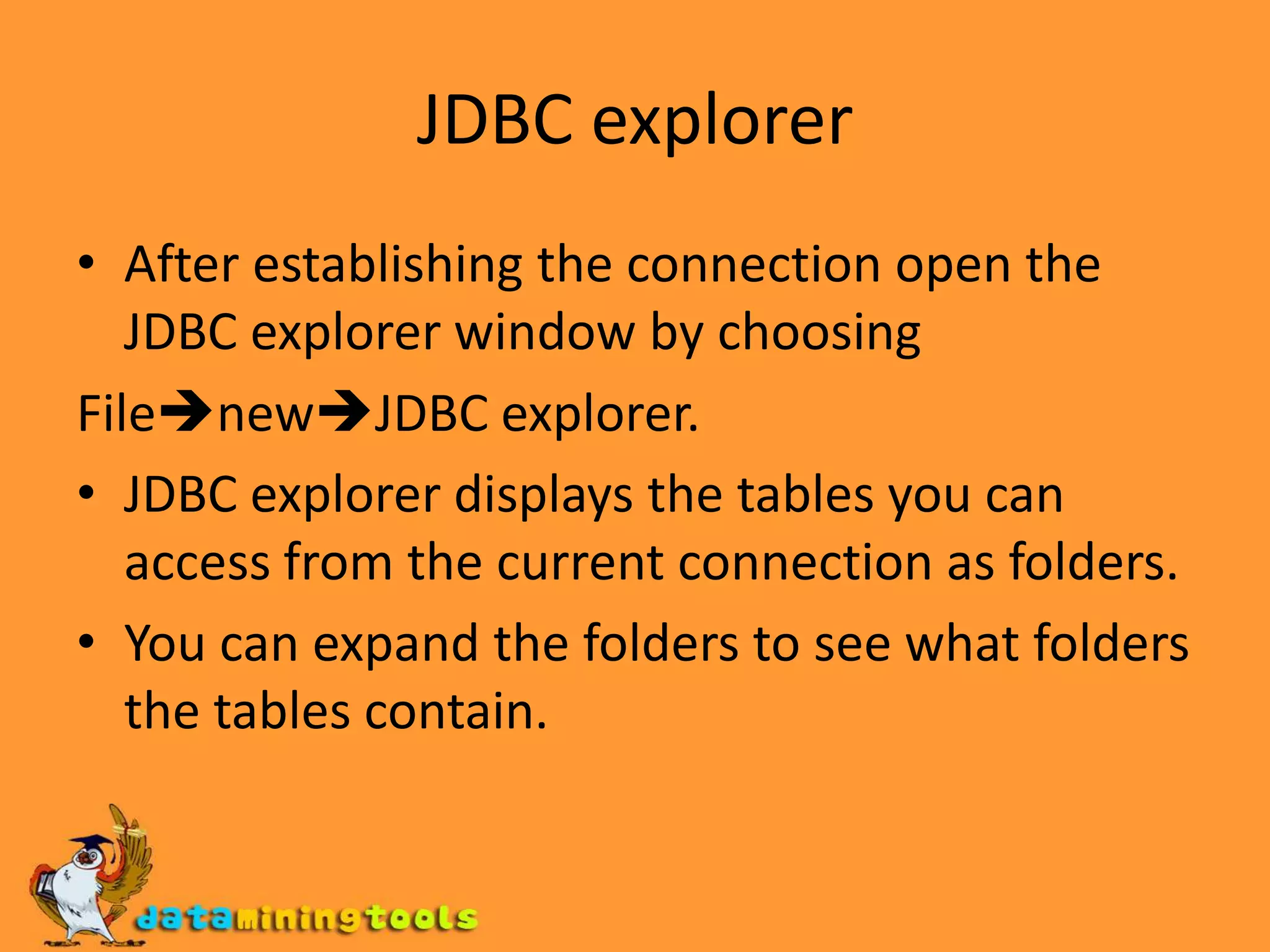 Overview of the ArchitectureMondrian OLAP system has 4 layersThe presentation layer:End users view and interact Pivot tables, bar charts and advanced visualization toolsThe dimensional layer:Parses, validates and executes MDX queries.Query transformer manipulates the existing queriesMetadata describes the dimensional model and how it maps onto the relational model.The star layer:Maintains the aggregate cacheThe storage layer:RDBMS responsible for providing aggregated cell data and members from dimensional tables.