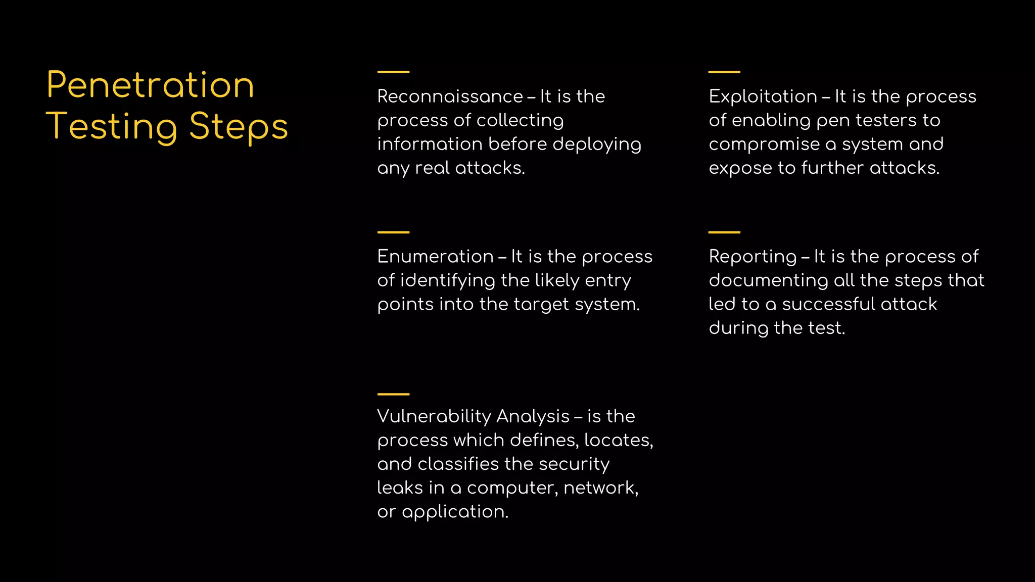 Penetration
Testing Steps
Reconnaissance – It is the
process of collecting
information before deploying
any real attacks.
Enumeration – It is the process
of identifying the likely entry
points into the target system.
Vulnerability Analysis – is the
process which defines, locates,
and classifies the security
leaks in a computer, network,
or application.
Exploitation – It is the process
of enabling pen testers to
compromise a system and
expose to further attacks.
Reporting – It is the process of
documenting all the steps that
led to a successful attack
during the test.
 