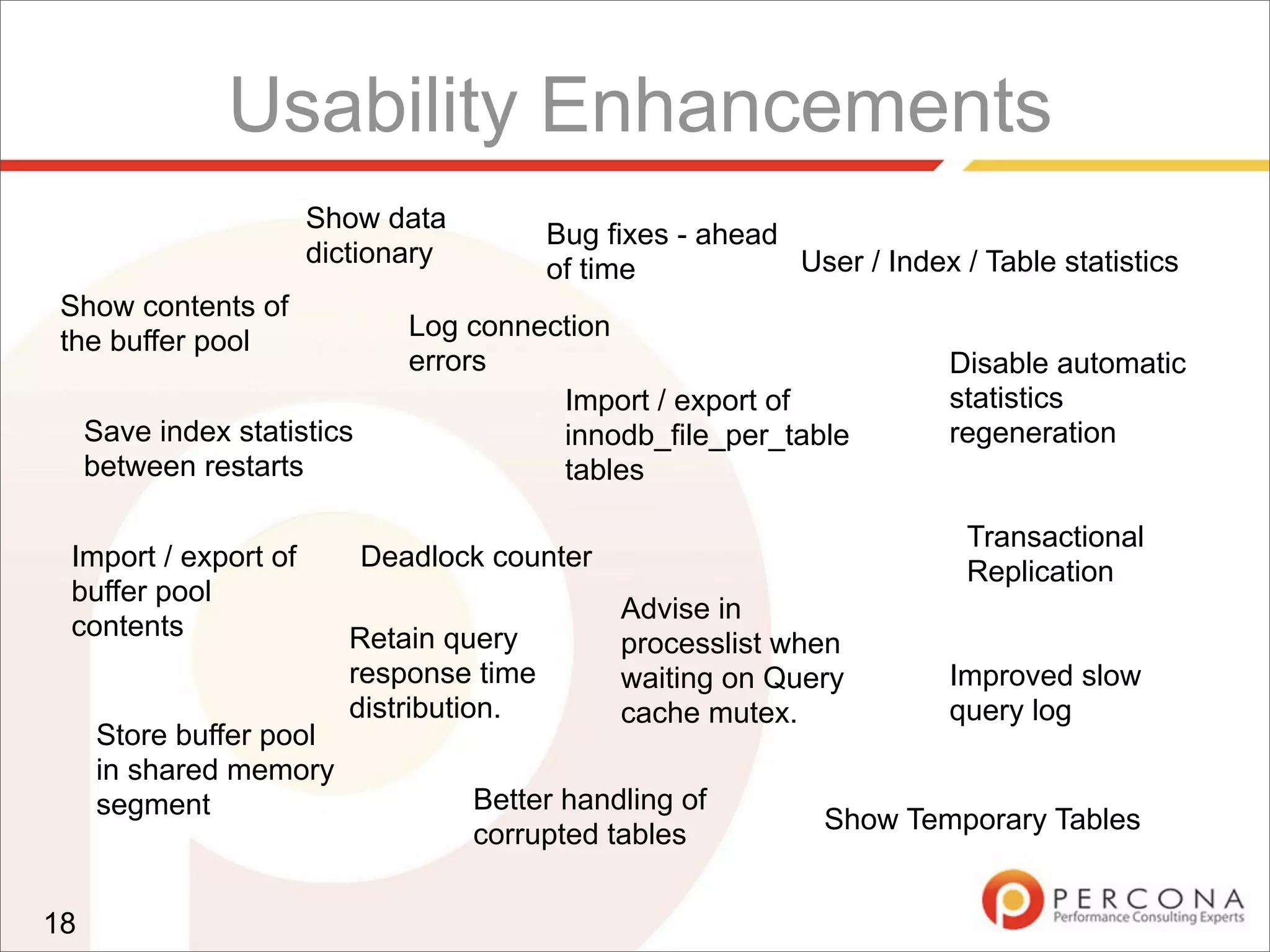 Usability Enhancements
18
Show contents of
the buffer pool
Import / export of
innodb_file_per_table
tables
Import / export of
buffer pool
contents
Transactional
Replication
Better handling of
corrupted tables
Store buffer pool
in shared memory
segment
Save index statistics
between restarts
Advise in
processlist when
waiting on Query
cache mutex.
Improved slow
query log
User / Index / Table statistics
Disable automatic
statistics
regeneration
Show data
dictionary
Deadlock counter
Show Temporary Tables
Log connection
errors
Retain query
response time
distribution.
Bug fixes - ahead
of time
 