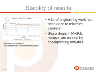 Stability of results
★ A lot of engineering work has
been done to minimize
variance.
★ Sharp drops in MySQL
releases are caused by
checkpointing activities.
17
Benchmarks is available at
http://www.percona.com/software/benchmarks/
 