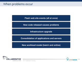 When problems occur



                Flash web site events (all at once)


             New code released causes problems


                             Infrastructure upgrade


           Consolidation of applications and servers


            New workload model (batch and online)




                                                       34
             2012 Collaborative Consulting
 
