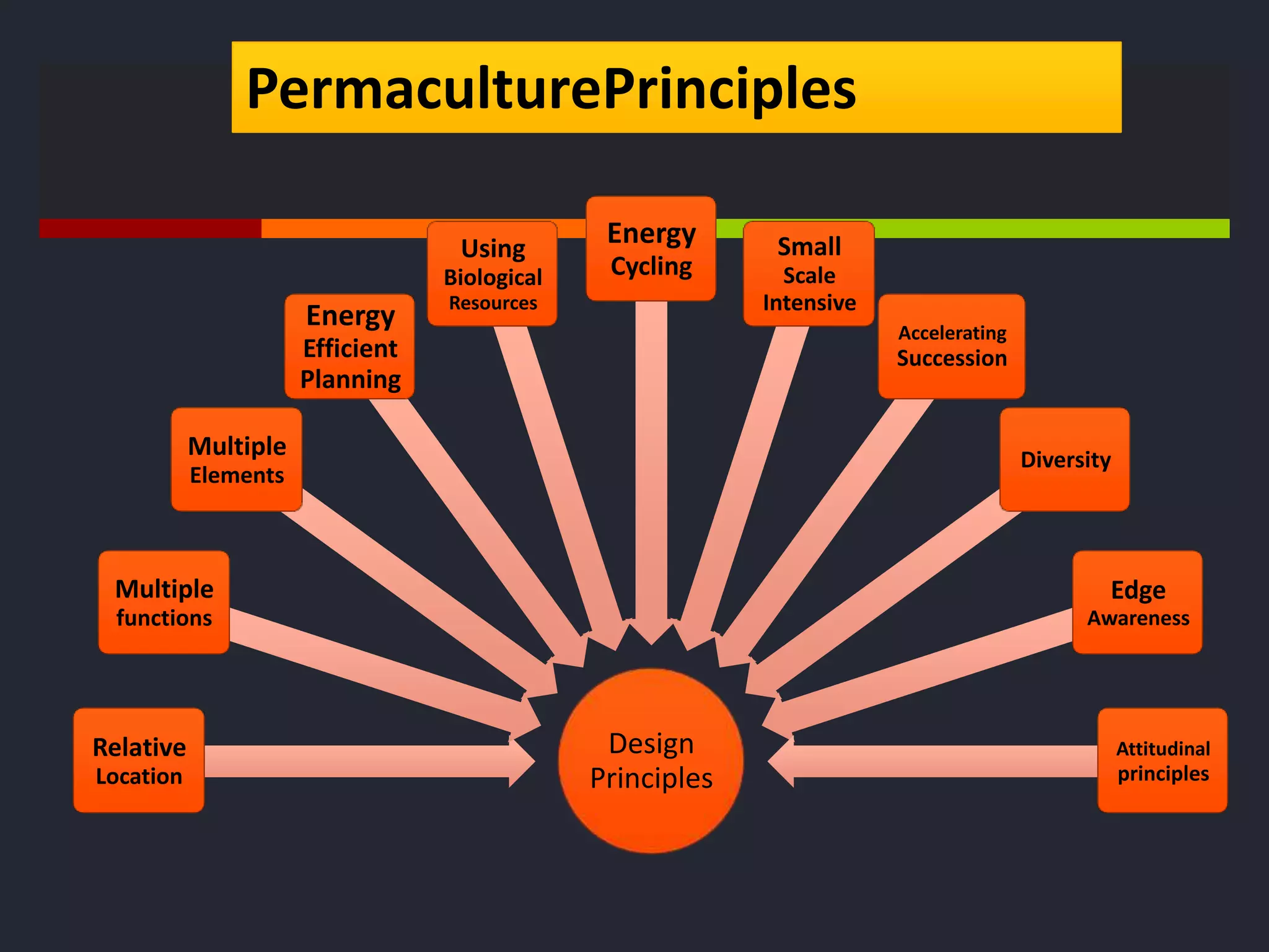 PermaculturePrinciples

                                   Using
                                                Energy       Small
                                  Biological    Cycling       Scale
                                  Resources                 Intensive
                      Energy                                            Accelerating
                      Efficient                                         Succession
                      Planning

           Multiple                                                                    Diversity
           Elements



 Multiple                                                                                      Edge
  functions                                                                                  Awareness




Relative                                        Design                                             Attitudinal
Location                                       Principles                                          principles
 