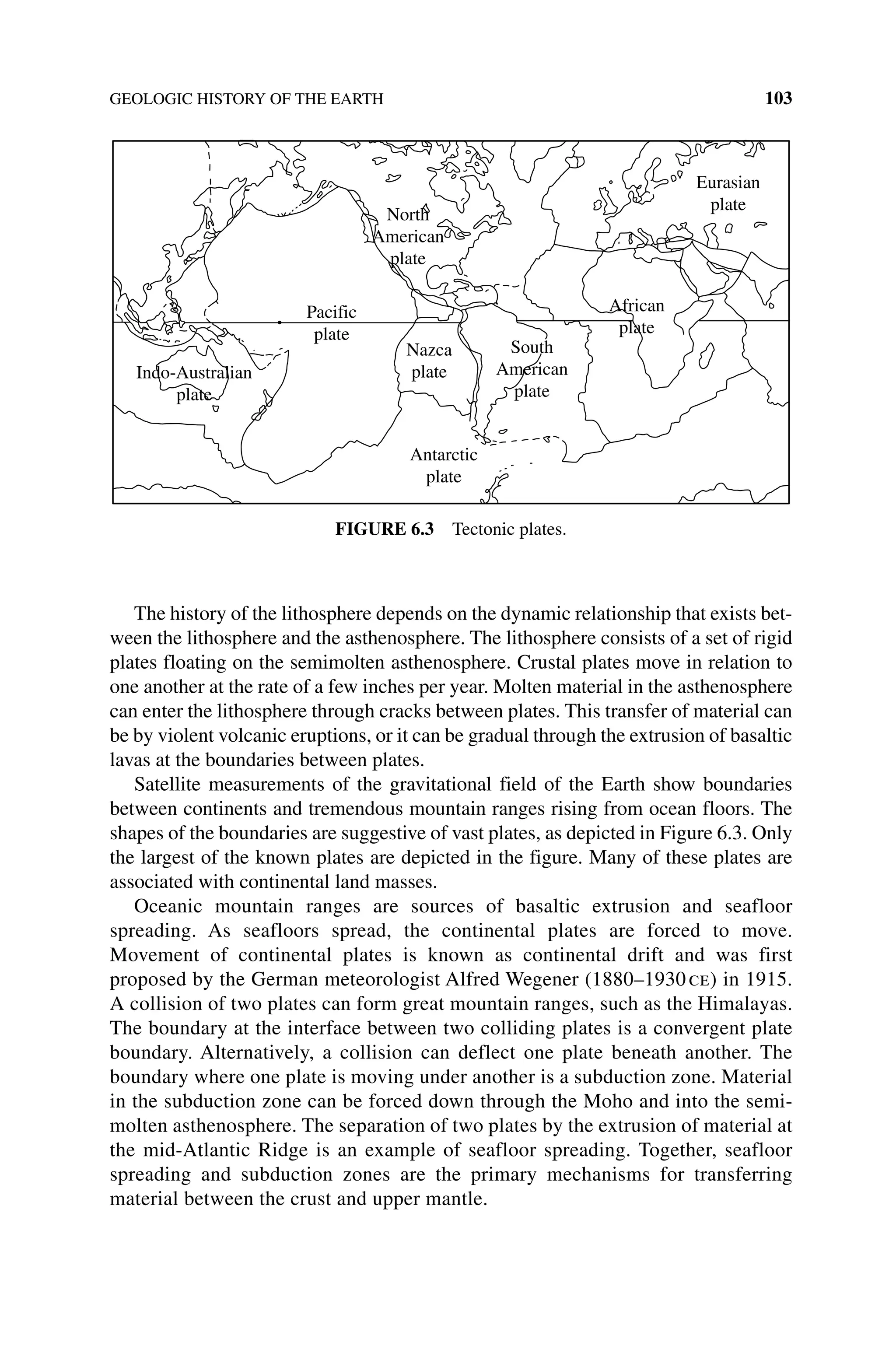 GEOLOGIC HISTORY OF THE EARTH 103
The history of the lithosphere depends on the dynamic relationship that exists bet-
ween the lithosphere and the asthenosphere. The lithosphere consists of a set of rigid
plates floating on the semimolten asthenosphere. Crustal plates move in relation to
one another at the rate of a few inches per year. Molten material in the asthenosphere
can enter the lithosphere through cracks between plates. This transfer of material can
be by violent volcanic eruptions, or it can be gradual through the extrusion of basaltic
lavas at the boundaries between plates.
Satellite measurements of the gravitational field of the Earth show boundaries
between continents and tremendous mountain ranges rising from ocean floors. The
shapes of the boundaries are suggestive of vast plates, as depicted in Figure 6.3. Only
the largest of the known plates are depicted in the figure. Many of these plates are
associated with continental land masses.
Oceanic mountain ranges are sources of basaltic extrusion and seafloor
spreading. As seafloors spread, the continental plates are forced to move.
Movement of continental plates is known as continental drift and was first
­
proposed by the German meteorologist Alfred Wegener (1880–1930 ce) in 1915.
A collision of two plates can form great mountain ranges, such as the Himalayas.
The boundary at the interface between two colliding plates is a convergent plate
boundary. Alternatively, a collision can deflect one plate beneath another. The
boundary where one plate is moving under another is a subduction zone. Material
in the subduction zone can be forced down through the Moho and into the semi-
molten asthenosphere. The separation of two plates by the extrusion of material at
the mid‐Atlantic Ridge is an example of seafloor spreading. Together, seafloor
spreading and subduction zones are the primary mechanisms for transferring
material between the crust and upper mantle.
Pacific
plate
Nazca
plate
South
American
plate
North
American
plate
African
plate
Eurasian
plate
Indo-Australian
plate
Antarctic
plate
Figure 6.3 Tectonic plates.
 