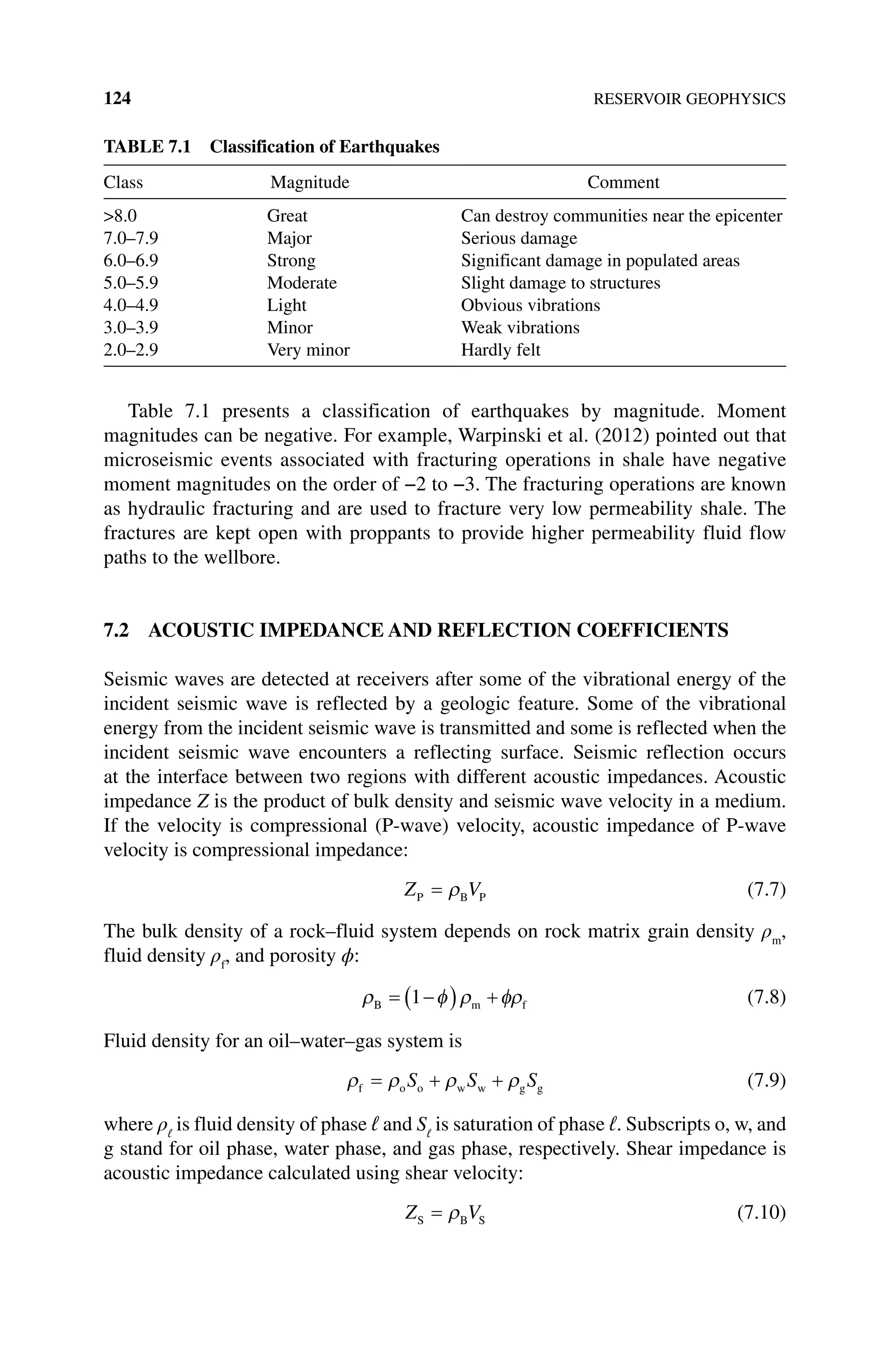 124 RESERVOIR GEOPHYSICS
Table 7.1 presents a classification of earthquakes by magnitude. Moment
­
magnitudes can be negative. For example, Warpinski et al. (2012) pointed out that
microseismic events associated with fracturing operations in shale have negative
moment magnitudes on the order of −2 to −3. The fracturing operations are known
as hydraulic fracturing and are used to fracture very low permeability shale. The
fractures are kept open with proppants to provide higher permeability fluid flow
paths to the wellbore.
7.2 ACOUSTIC IMPEDANCE AND REFLECTION COEFFICIENTS
Seismic waves are detected at receivers after some of the vibrational energy of the
incident seismic wave is reflected by a geologic feature. Some of the vibrational
energy from the incident seismic wave is transmitted and some is reflected when the
incident seismic wave encounters a reflecting surface. Seismic reflection occurs
at the interface between two regions with different acoustic impedances. Acoustic
impedance Z is the product of bulk density and seismic wave velocity in a medium.
If the velocity is compressional (P‐wave) velocity, acoustic impedance of P‐wave
velocity is compressional impedance:
Z V
P B P
= ρ (7.7)
The bulk density of a rock–fluid system depends on rock matrix grain density ρm
,
fluid density ρf
, and porosity ϕ:
ρ φ ρ φρ
B m f
= −
( ) +
1 (7.8)
Fluid density for an oil–water–gas system is
ρ ρ ρ ρ
f o o w w g g
= + +
S S S (7.9)
where ρℓ
is fluid density of phase ℓ and Sℓ
is saturation of phase ℓ. Subscripts o, w, and
g stand for oil phase, water phase, and gas phase, respectively. Shear impedance is
acoustic impedance calculated using shear velocity:
Z V
S B S
= ρ (7.10)
Table 7.1 Classification of Earthquakes
Class Magnitude Comment
8.0 Great Can destroy communities near the epicenter
7.0–7.9 Major Serious damage
6.0–6.9 Strong Significant damage in populated areas
5.0–5.9 Moderate Slight damage to structures
4.0–4.9 Light Obvious vibrations
3.0–3.9 Minor Weak vibrations
2.0–2.9 Very minor Hardly felt
 