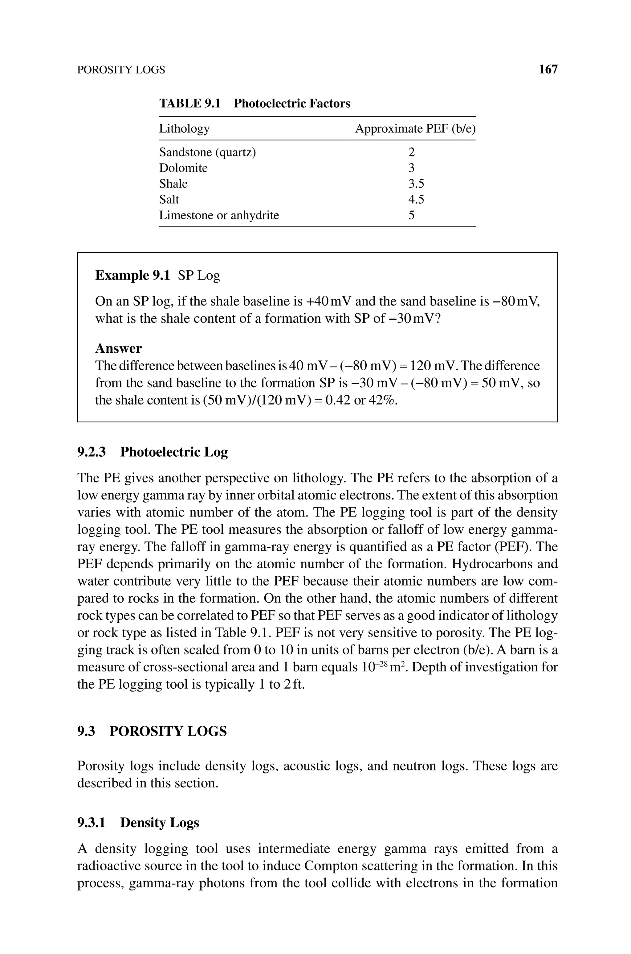 POROSITY LOGS 167
9.2.3 Photoelectric Log
The PE gives another perspective on lithology. The PE refers to the absorption of a
low energy gamma ray by inner orbital atomic electrons. The extent of this absorption
varies with atomic number of the atom. The PE logging tool is part of the density
logging tool. The PE tool measures the absorption or falloff of low energy gamma‐
ray energy. The falloff in gamma‐ray energy is quantified as a PE factor (PEF). The
PEF depends primarily on the atomic number of the formation. Hydrocarbons and
water contribute very little to the PEF because their atomic numbers are low com-
pared to rocks in the formation. On the other hand, the atomic numbers of different
rock types can be correlated to PEF so that PEF serves as a good indicator of lithology
or rock type as listed in Table 9.1. PEF is not very sensitive to porosity. The PE log-
ging track is often scaled from 0 to 10 in units of barns per electron (b/e). A barn is a
measure of cross‐sectional area and 1 barn equals 10–28
m2
. Depth of investigation for
the PE logging tool is typically 1 to 2ft.
9.3 POROSITY LOGS
Porosity logs include density logs, acoustic logs, and neutron logs. These logs are
described in this section.
9.3.1 Density Logs
A density logging tool uses intermediate energy gamma rays emitted from a
­
radioactive source in the tool to induce Compton scattering in the formation. In this
process, gamma‐ray photons from the tool collide with electrons in the formation
Table 9.1 Photoelectric Factors
Lithology Approximate PEF (b/e)
Sandstone (quartz) 2
Dolomite 3
Shale 3.5
Salt 4.5
Limestone or anhydrite 5
Example 9.1 SP Log
On an SP log, if the shale baseline is +40mV and the sand baseline is −80mV,
what is the shale content of a formation with SP of −30mV?
Answer
Thedifferencebetweenbaselinesis40 80 120
mV mV mV
– ( )
− = .Thedifference
from the sand baseline to the formation SP is − − =
30 80 50
mV mV mV
– ( ) , so
the shale content is ( ) ( ) .
50 120 0 42
mV / mV = or 42%.
 