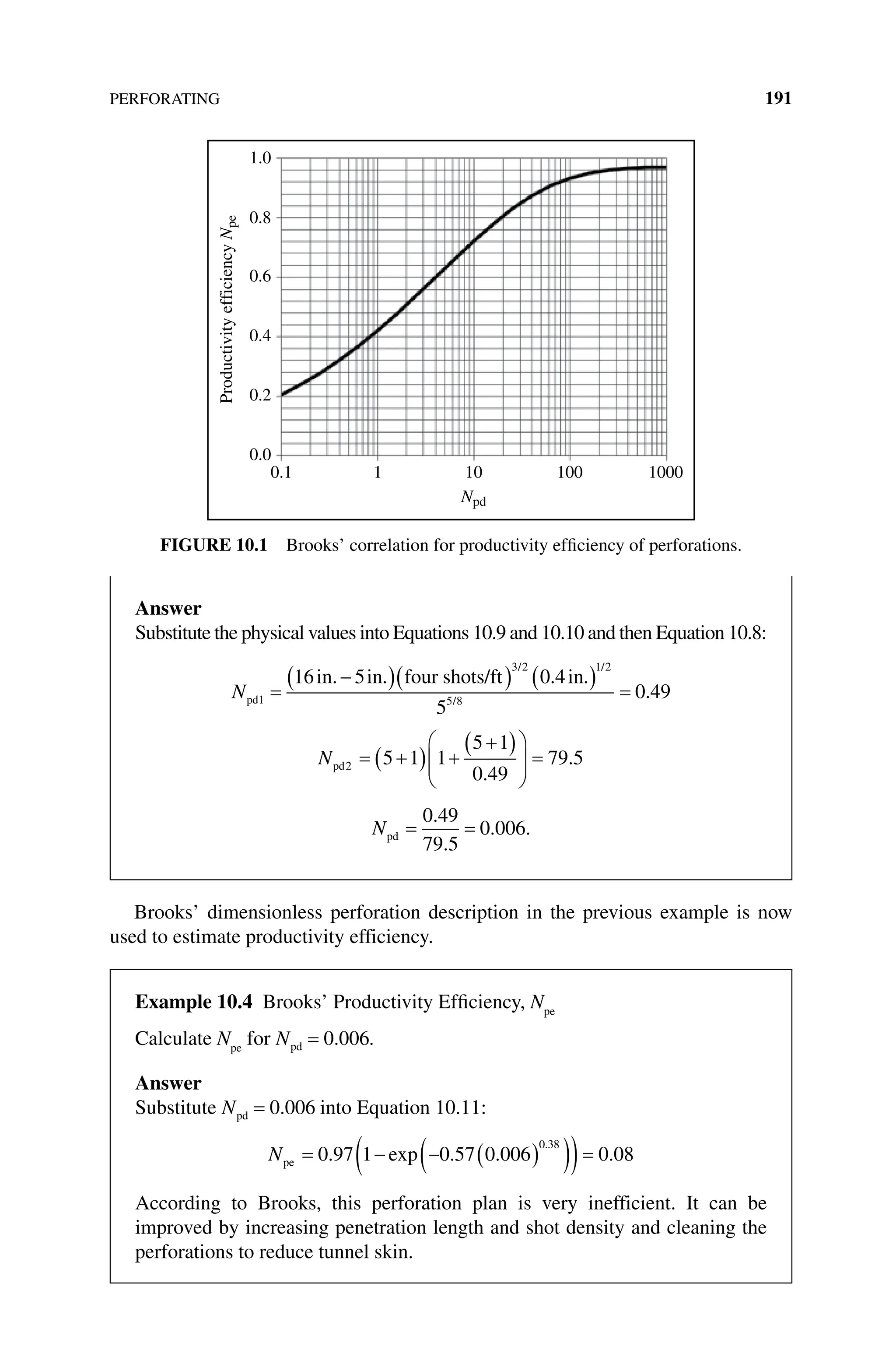 PERFORATING 191
Brooks’ dimensionless perforation description in the previous example is now
used to estimate productivity efficiency.
1.0
0.8
0.6
0.4
Productivity
efficiency
N
pe
0.2
0.0
0.1 1 10
Npd
100 1000
Figure 10.1 Brooks’ correlation for productivity efficiency of perforations.
Answer
Substitute the physical values into Equations 10.9 and 10.10 and then Equation 10.8:
Npd
in. in four shots/ft in
1
3 2 1 2
5 8
16 5 0 4
5
0 49
=
−
( )( ) ( ) =
. . .
.
/ /
/
Npd2 5 1 1
5 1
0 49
79 5
= +
( ) +
+
( )







 =
.
.
Npd
= =
0 49
79 5
0 006
.
.
. .
Example 10.4 Brooks’ Productivity Efficiency, Npe
Calculate Npe
for Npd = 0 006
. .
Answer
Substitute Npd = 0 006
. into Equation 10.11:
Npe = − − ( )
( )
( )=
0 97 1 0 57 0 006 0 08
0 38
. exp . . .
.
According to Brooks, this perforation plan is very inefficient. It can be
improved by increasing penetration length and shot density and cleaning the
perforations to reduce tunnel skin.
 