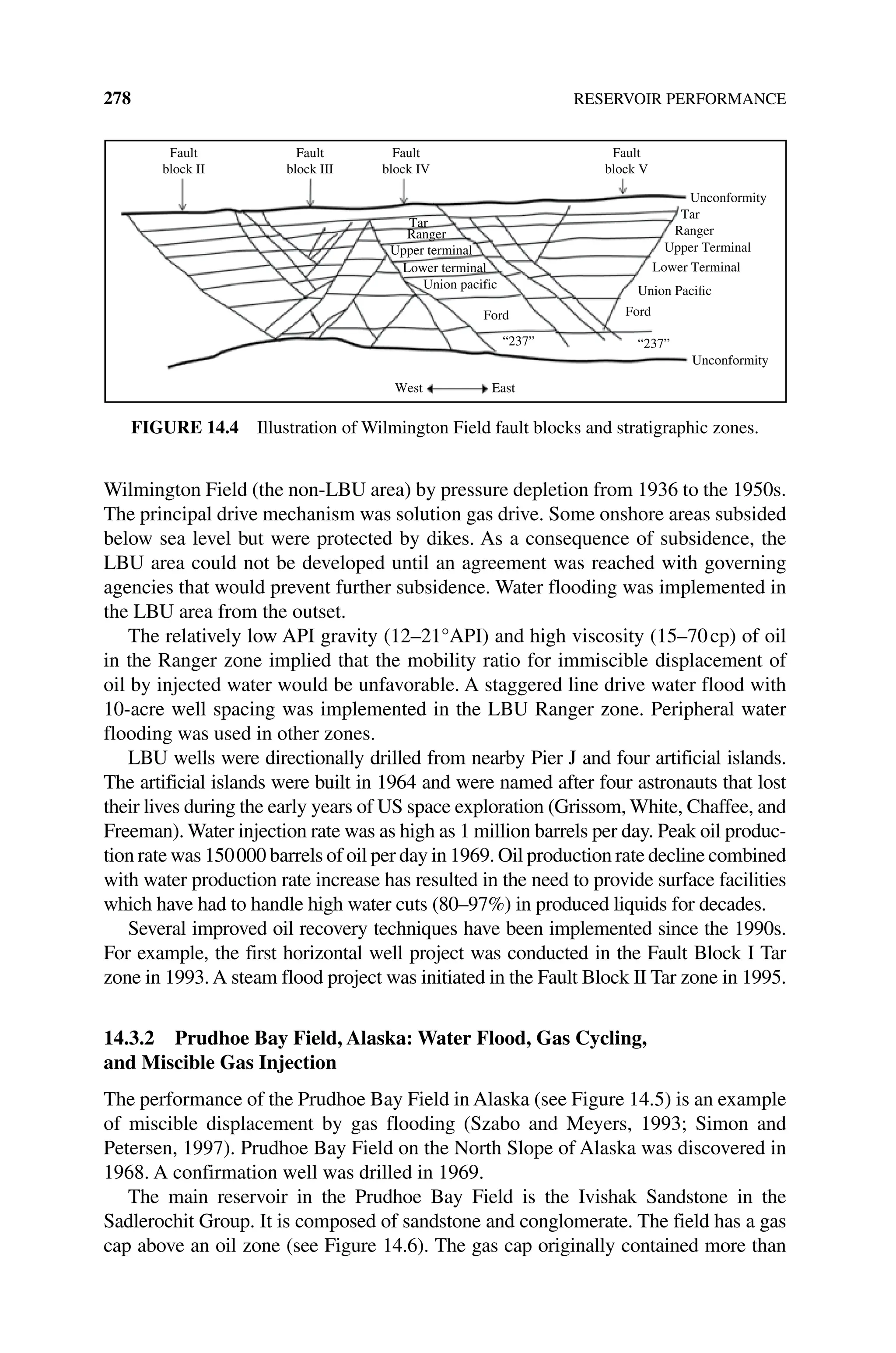 278 RESERVOIR PERFORMANCE
Wilmington Field (the non‐LBU area) by pressure depletion from 1936 to the 1950s.
The principal drive mechanism was solution gas drive. Some onshore areas subsided
below sea level but were protected by dikes. As a consequence of subsidence, the
LBU area could not be developed until an agreement was reached with governing
agencies that would prevent further subsidence. Water flooding was implemented in
the LBU area from the outset.
The relatively low API gravity (12–21°API) and high viscosity (15–70cp) of oil
in the Ranger zone implied that the mobility ratio for immiscible displacement of
oil by injected water would be unfavorable. A staggered line drive water flood with
10‐acre well spacing was implemented in the LBU Ranger zone. Peripheral water
flooding was used in other zones.
LBU wells were directionally drilled from nearby Pier J and four artificial islands.
The artificial islands were built in 1964 and were named after four astronauts that lost
their lives during the early years of US space exploration (Grissom, White, Chaffee, and
Freeman). Water injection rate was as high as 1 million barrels per day. Peak oil produc‑
tion rate was 150000 barrels of oil per day in 1969. Oil production rate decline combined
with water production rate increase has resulted in the need to provide ­
surface facilities
which have had to handle high water cuts (80–97%) in produced liquids for decades.
Several improved oil recovery techniques have been implemented since the 1990s.
For example, the first horizontal well project was conducted in the Fault Block I Tar
zone in 1993.A steam flood project was initiated in the Fault Block II Tar zone in 1995.
14.3.2 Prudhoe Bay Field, Alaska: Water Flood, Gas Cycling,
and Miscible Gas Injection
The performance of the Prudhoe Bay Field in Alaska (see Figure 14.5) is an example
of miscible displacement by gas flooding (Szabo and Meyers, 1993; Simon and
Petersen, 1997). Prudhoe Bay Field on the North Slope of Alaska was discovered in
1968. A confirmation well was drilled in 1969.
The main reservoir in the Prudhoe Bay Field is the Ivishak Sandstone in the
Sadlerochit Group. It is composed of sandstone and conglomerate. The field has a gas
cap above an oil zone (see Figure 14.6). The gas cap originally contained more than
Fault
block II
Fault
block III
Fault
block IV
Fault
block V
Tar
Ranger
Upper terminal
Lower terminal
Union pacific
Ford
“237”
Unconformity
Tar
Ranger
Upper Terminal
Lower Terminal
Union Pacific
Ford
“237”
Unconformity
West East
Figure 14.4 Illustration of Wilmington Field fault blocks and stratigraphic zones.
 