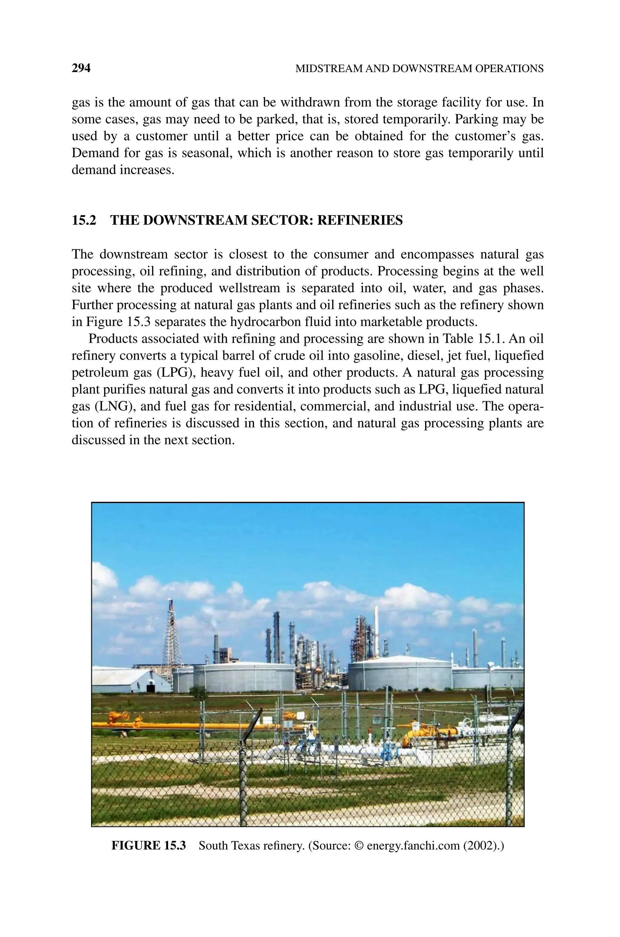 294 MIDSTREAM AND DOWNSTREAM OPERATIONS
gas is the amount of gas that can be withdrawn from the storage facility for use. In
some cases, gas may need to be parked, that is, stored temporarily. Parking may be
used by a customer until a better price can be obtained for the customer’s gas.
Demand for gas is seasonal, which is another reason to store gas temporarily until
demand increases.
15.2 THE DOWNSTREAM SECTOR: REFINERIES
The downstream sector is closest to the consumer and encompasses natural gas
processing, oil refining, and distribution of products. Processing begins at the well
site where the produced wellstream is separated into oil, water, and gas phases.
Further processing at natural gas plants and oil refineries such as the refinery shown
in Figure 15.3 separates the hydrocarbon fluid into marketable products.
Products associated with refining and processing are shown in Table 15.1. An oil
refinery converts a typical barrel of crude oil into gasoline, diesel, jet fuel, liquefied
petroleum gas (LPG), heavy fuel oil, and other products. A natural gas processing
plant purifies natural gas and converts it into products such as LPG, liquefied natural
gas (LNG), and fuel gas for residential, commercial, and industrial use. The opera-
tion of refineries is discussed in this section, and natural gas processing plants are
discussed in the next section.
Figure 15.3 South Texas refinery. (Source: © energy.fanchi.com (2002).)
 