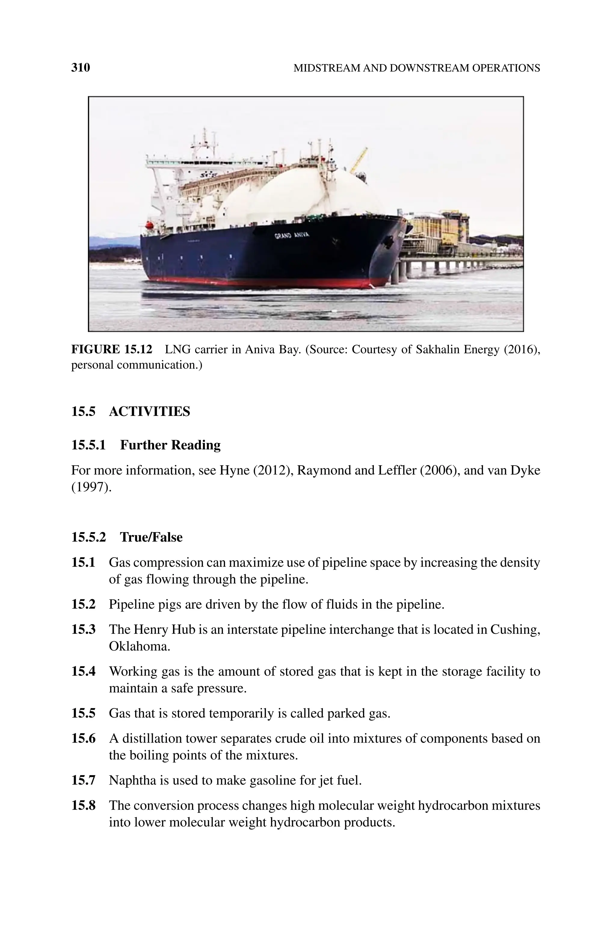 310 MIDSTREAM AND DOWNSTREAM OPERATIONS
15.5 ACTIVITIES
15.5.1 Further Reading
For more information, see Hyne (2012), Raymond and Leffler (2006), and van Dyke
(1997).
15.5.2 True/False
15.1 Gas compression can maximize use of pipeline space by increasing the density
of gas flowing through the pipeline.
15.2 Pipeline pigs are driven by the flow of fluids in the pipeline.
15.3 The Henry Hub is an interstate pipeline interchange that is located in Cushing,
Oklahoma.
15.4 Working gas is the amount of stored gas that is kept in the storage facility to
maintain a safe pressure.
15.5 Gas that is stored temporarily is called parked gas.
15.6 A distillation tower separates crude oil into mixtures of components based on
the boiling points of the mixtures.
15.7 Naphtha is used to make gasoline for jet fuel.
15.8 The conversion process changes high molecular weight hydrocarbon mixtures
into lower molecular weight hydrocarbon products.
Figure 15.12 LNG carrier in Aniva Bay. (Source: Courtesy of Sakhalin Energy (2016),
personal communication.)
 