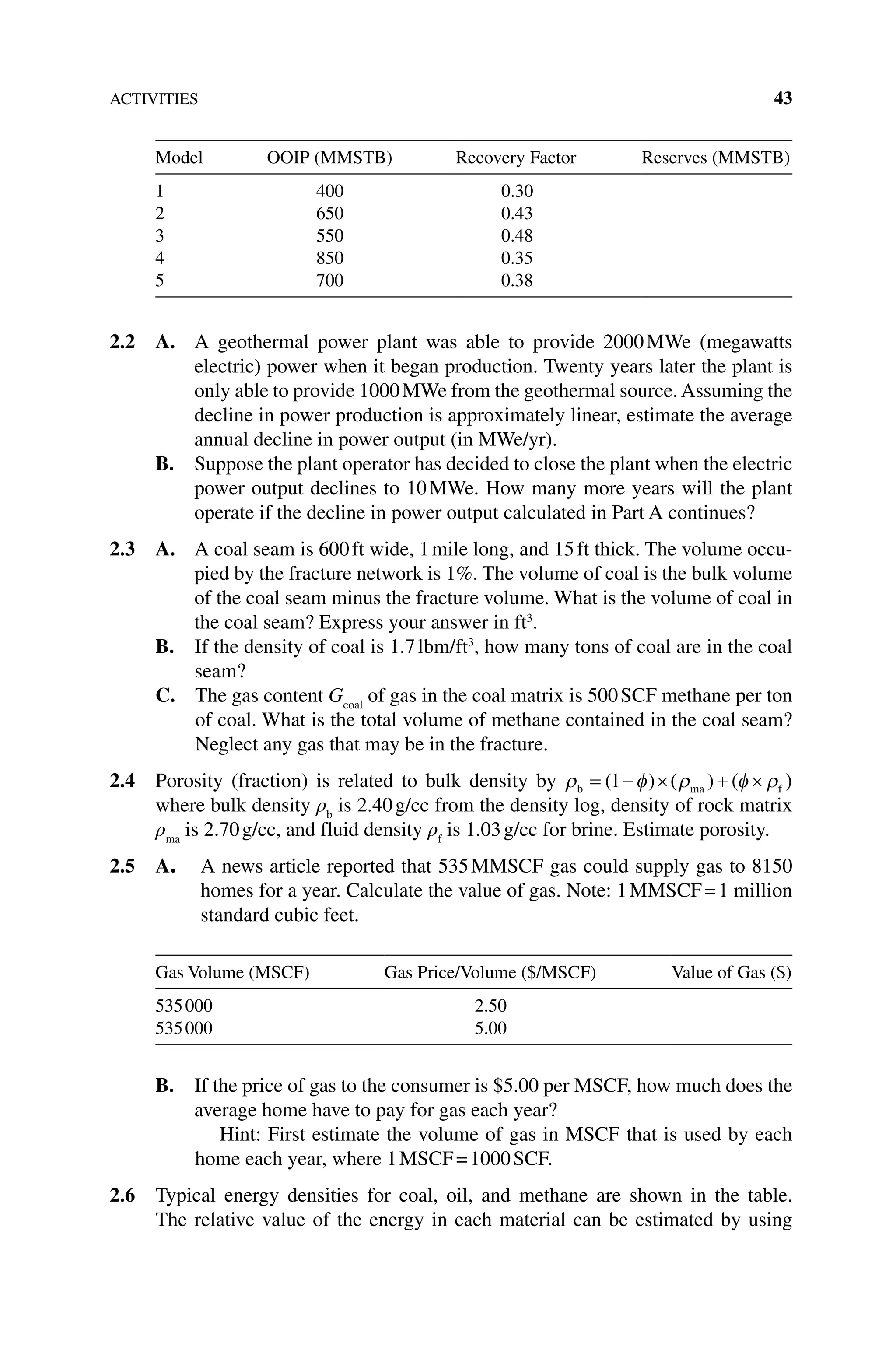 ACTIVITIES 43
Model OOIP (MMSTB) Recovery Factor Reserves (MMSTB)
1 400 0.30
2 650 0.43
3 550 0.48
4 850 0.35
5 700 0.38
2.2 A. 
A geothermal power plant was able to provide 2000MWe (megawatts
electric) power when it began production. Twenty years later the plant is
only able to provide 1000MWe from the geothermal source. Assuming the
decline in power production is approximately linear, estimate the average
annual decline in power output (in MWe/yr).
B. 
Suppose the plant operator has decided to close the plant when the electric
power output declines to 10MWe. How many more years will the plant
operate if the decline in power output calculated in Part A continues?
2.3 A. 
A coal seam is 600ft wide, 1mile long, and 15ft thick. The volume occu-
pied by the fracture network is 1%. The volume of coal is the bulk volume
of the coal seam minus the fracture volume. What is the volume of coal in
the coal seam? Express your answer in ft3
.
B. 
If the density of coal is 1.7lbm/ft3
, how many tons of coal are in the coal
seam?
C. 
The gas content Gcoal
of gas in the coal matrix is 500SCF methane per ton
of coal. What is the total volume of methane contained in the coal seam?
Neglect any gas that may be in the fracture.
2.4 Porosity (fraction) is related to bulk density by ρ φ ρ φ ρ
b ma f
= − × + ×
( ) ( ) ( )
1
where bulk density ρb
is 2.40g/cc from the density log, density of rock matrix
ρma
is 2.70g/cc, and fluid density ρf
is 1.03g/cc for brine. Estimate porosity.
2.5 A. 
A news article reported that 535MMSCF gas could supply gas to 8150
homes for a year. Calculate the value of gas. Note: 1MMSCF=1 million
standard cubic feet.
Gas Volume (MSCF) Gas Price/Volume ($/MSCF) Value of Gas ($)
535000 2.50
535000 5.00
B. 
If the price of gas to the consumer is $5.00 per MSCF, how much does the
average home have to pay for gas each year?
Hint: First estimate the volume of gas in MSCF that is used by each
home each year, where 1MSCF=1000SCF.
2.6 Typical energy densities for coal, oil, and methane are shown in the table.
The relative value of the energy in each material can be estimated by using
 