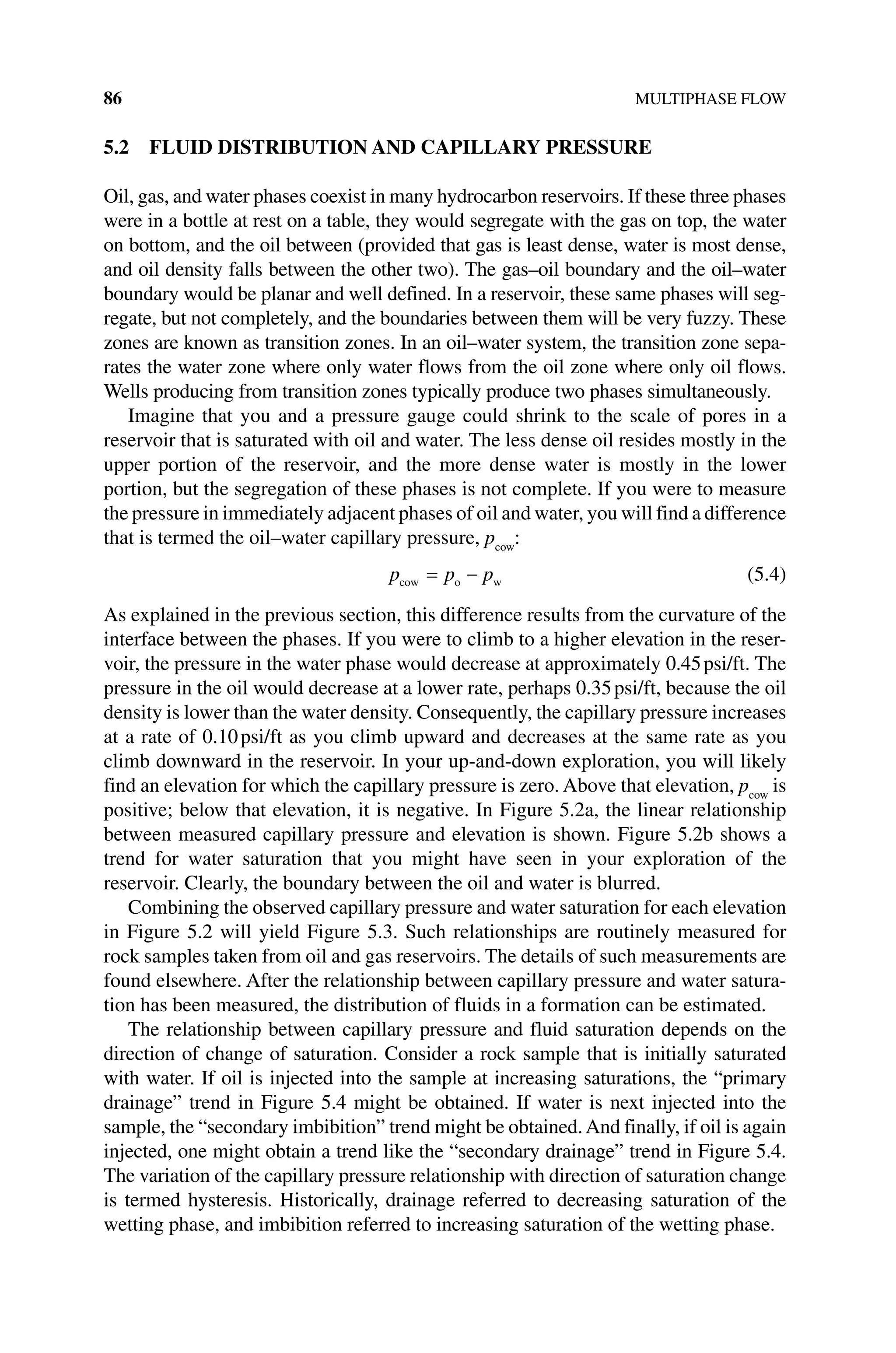86 MULTIPHASE FLOW
5.2 FLUID DISTRIBUTION AND CAPILLARY PRESSURE
Oil, gas, and water phases coexist in many hydrocarbon reservoirs. If these three phases
were in a bottle at rest on a table, they would segregate with the gas on top, the water
on bottom, and the oil between (provided that gas is least dense, water is most dense,
and oil density falls between the other two). The gas–oil boundary and the oil–water
boundary would be planar and well defined. In a reservoir, these same phases will seg-
regate, but not completely, and the boundaries between them will be very fuzzy. These
zones are known as transition zones. In an oil–water system, the transition zone sepa-
rates the water zone where only water flows from the oil zone where only oil flows.
Wells producing from transition zones typically produce two phases simultaneously.
Imagine that you and a pressure gauge could shrink to the scale of pores in a
­
reservoir that is saturated with oil and water. The less dense oil resides mostly in the
upper portion of the reservoir, and the more dense water is mostly in the lower
­
portion, but the segregation of these phases is not complete. If you were to measure
the pressure in immediately adjacent phases of oil and water, you will find a difference
that is termed the oil–water capillary pressure, pcow
:
p p p
cow o w
= − (5.4)
As explained in the previous section, this difference results from the curvature of the
interface between the phases. If you were to climb to a higher elevation in the reser-
voir, the pressure in the water phase would decrease at approximately 0.45psi/ft. The
pressure in the oil would decrease at a lower rate, perhaps 0.35psi/ft, because the oil
density is lower than the water density. Consequently, the capillary pressure increases
at a rate of 0.10psi/ft as you climb upward and decreases at the same rate as you
climb downward in the reservoir. In your up‐and‐down exploration, you will likely
find an elevation for which the capillary pressure is zero. Above that elevation, pcow
is
positive; below that elevation, it is negative. In Figure 5.2a, the linear relationship
between measured capillary pressure and elevation is shown. Figure 5.2b shows a
trend for water saturation that you might have seen in your exploration of the
­
reservoir. Clearly, the boundary between the oil and water is blurred.
Combining the observed capillary pressure and water saturation for each elevation
in Figure 5.2 will yield Figure 5.3. Such relationships are routinely measured for
rock samples taken from oil and gas reservoirs. The details of such measurements are
found elsewhere. After the relationship between capillary pressure and water satura-
tion has been measured, the distribution of fluids in a formation can be estimated.
The relationship between capillary pressure and fluid saturation depends on the
direction of change of saturation. Consider a rock sample that is initially saturated
with water. If oil is injected into the sample at increasing saturations, the “primary
drainage” trend in Figure 5.4 might be obtained. If water is next injected into the
sample, the “secondary imbibition” trend might be obtained.And finally, if oil is again
injected, one might obtain a trend like the “secondary drainage” trend in Figure 5.4.
The variation of the capillary pressure relationship with direction of saturation change
is termed hysteresis. Historically, drainage referred to decreasing saturation of the
wetting phase, and imbibition referred to increasing saturation of the wetting phase.
 