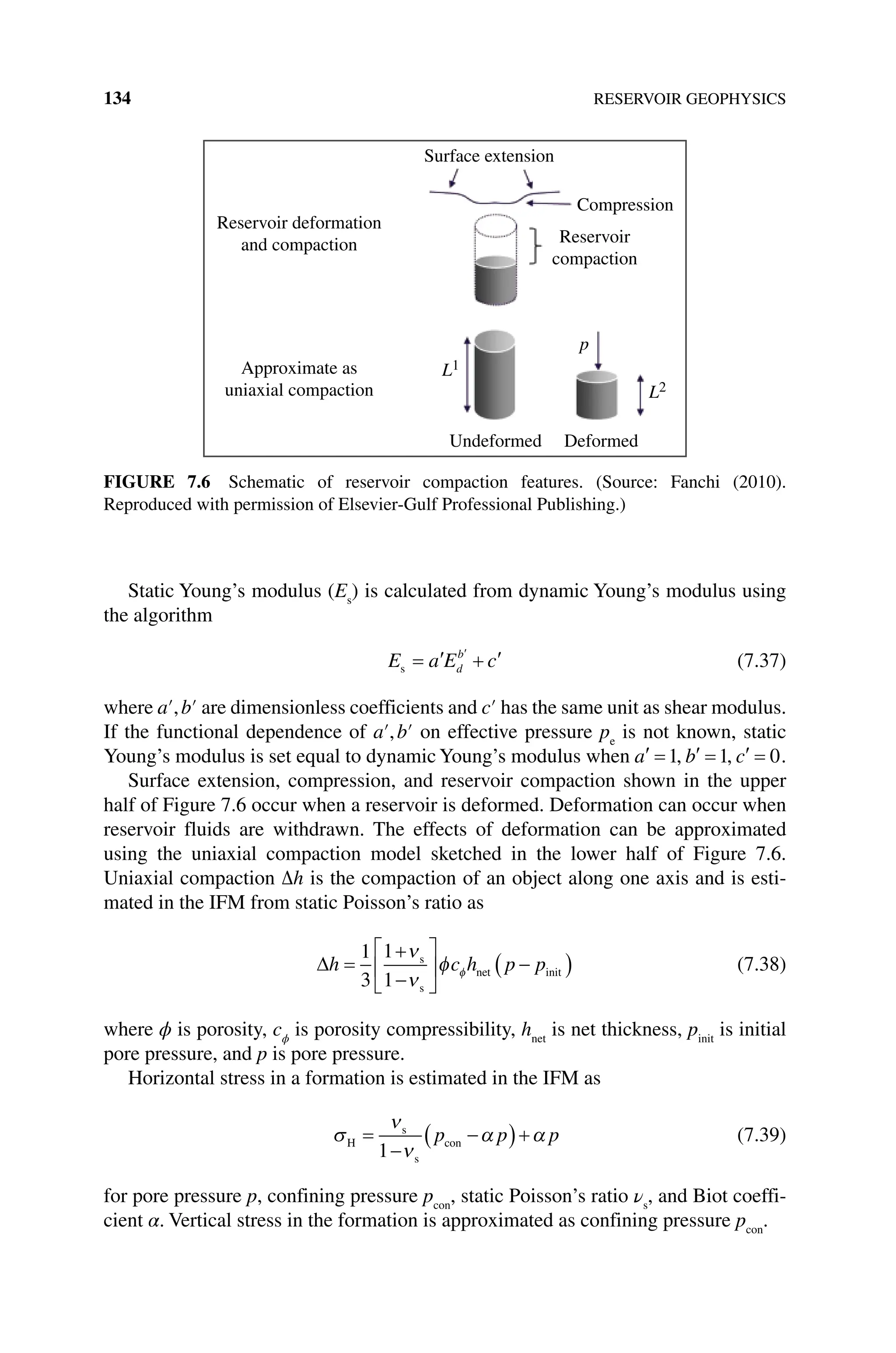 134 RESERVOIR GEOPHYSICS
Static Young’s modulus (Es
) is calculated from dynamic Young’s modulus using
the algorithm
E a E c
d
b
s = +
′ ′
′
(7.37)
where a′,b′ are dimensionless coefficients and c′ has the same unit as shear modulus.
If the functional dependence of a′,b′ on effective pressure pe
is not known, static
Young’s modulus is set equal to dynamic Young’s modulus when ′ ′ ′
= = =
a b c
1 1 0
, , .
Surface extension, compression, and reservoir compaction shown in the upper
half of Figure 7.6 occur when a reservoir is deformed. Deformation can occur when
reservoir fluids are withdrawn. The effects of deformation can be approximated
using the uniaxial compaction model sketched in the lower half of Figure 7.6.
Uniaxial compaction Δh is the compaction of an object along one axis and is esti-
mated in the IFM from static Poisson’s ratio as
∆h c h p p
=
+
−





 −
( )
1
3
1
1
ν
ν
φ φ
s
s
net init (7.38)
where ϕ is porosity, cϕ
is porosity compressibility, hnet
is net thickness, pinit
is initial
pore pressure, and p is pore pressure.
Horizontal stress in a formation is estimated in the IFM as
σH
s
s
con
=
−
−
( )+
ν
ν
α α
1
p p p (7.39)
for pore pressure p, confining pressure pcon
, static Poisson’s ratio νs
, and Biot coeffi-
cient α. Vertical stress in the formation is approximated as confining pressure pcon
.
Reservoir deformation
and compaction
Approximate as
uniaxial compaction
Surface extension
Compression
Reservoir
compaction
Deformed
Undeformed
L1
L2
p
Figure 7.6 Schematic of reservoir compaction features. (Source: Fanchi (2010).
Reproduced with permission of Elsevier‐Gulf Professional Publishing.)
 