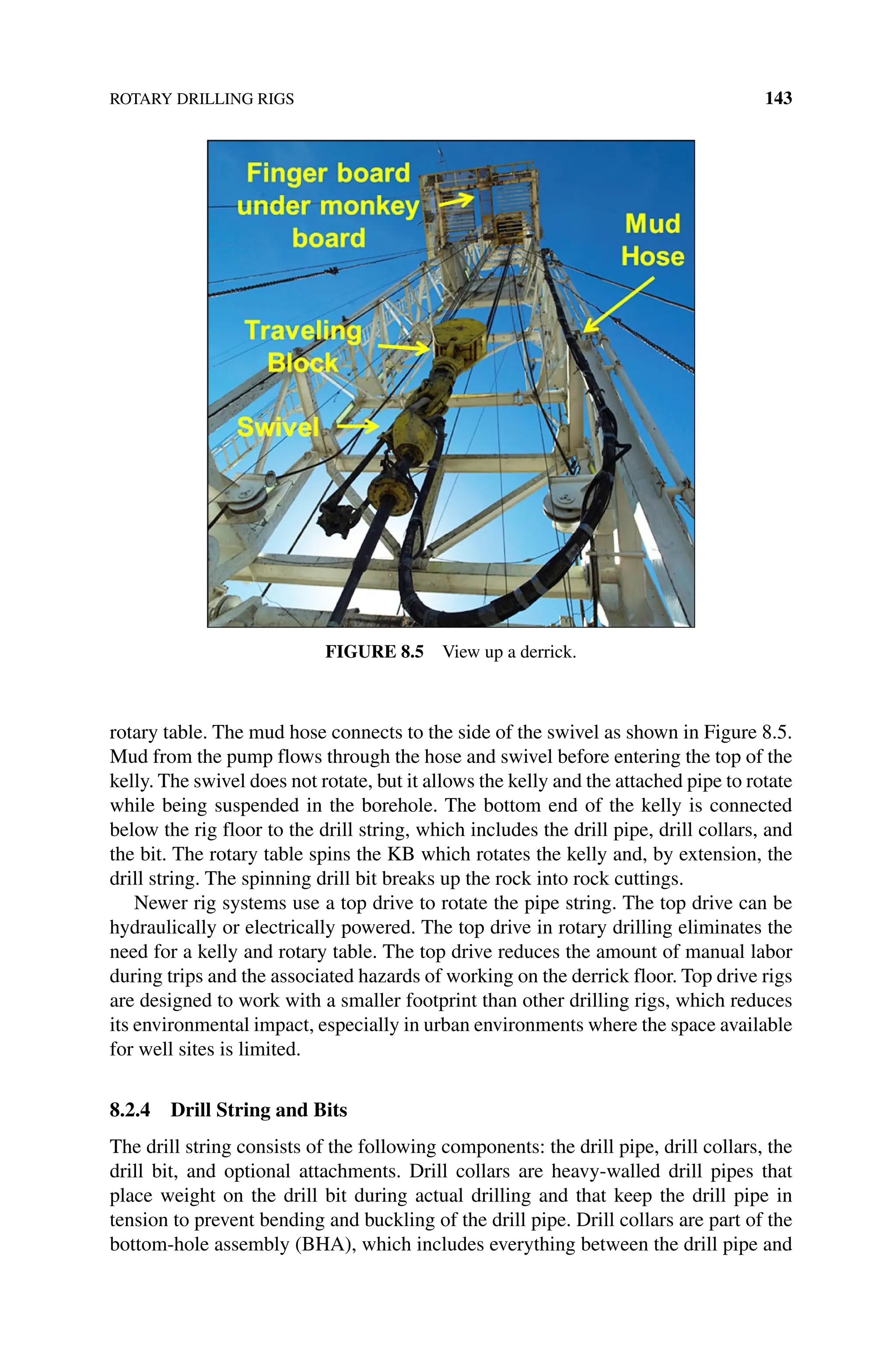 ROTARY DRILLING RIGS 143
rotary table. The mud hose connects to the side of the swivel as shown in Figure 8.5.
Mud from the pump flows through the hose and swivel before entering the top of the
kelly. The swivel does not rotate, but it allows the kelly and the attached pipe to rotate
while being suspended in the borehole. The bottom end of the kelly is connected
below the rig floor to the drill string, which includes the drill pipe, drill collars, and
the bit. The rotary table spins the KB which rotates the kelly and, by extension, the
drill string. The spinning drill bit breaks up the rock into rock cuttings.
Newer rig systems use a top drive to rotate the pipe string. The top drive can be
hydraulically or electrically powered. The top drive in rotary drilling eliminates the
need for a kelly and rotary table. The top drive reduces the amount of manual labor
during trips and the associated hazards of working on the derrick floor. Top drive rigs
are designed to work with a smaller footprint than other drilling rigs, which reduces
its environmental impact, especially in urban environments where the space available
for well sites is limited.
8.2.4 Drill String and Bits
The drill string consists of the following components: the drill pipe, drill collars, the
drill bit, and optional attachments. Drill collars are heavy‐walled drill pipes that
place weight on the drill bit during actual drilling and that keep the drill pipe in
tension to prevent bending and buckling of the drill pipe. Drill collars are part of the
bottom‐hole assembly (BHA), which includes everything between the drill pipe and
Figure 8.5 View up a derrick.
 